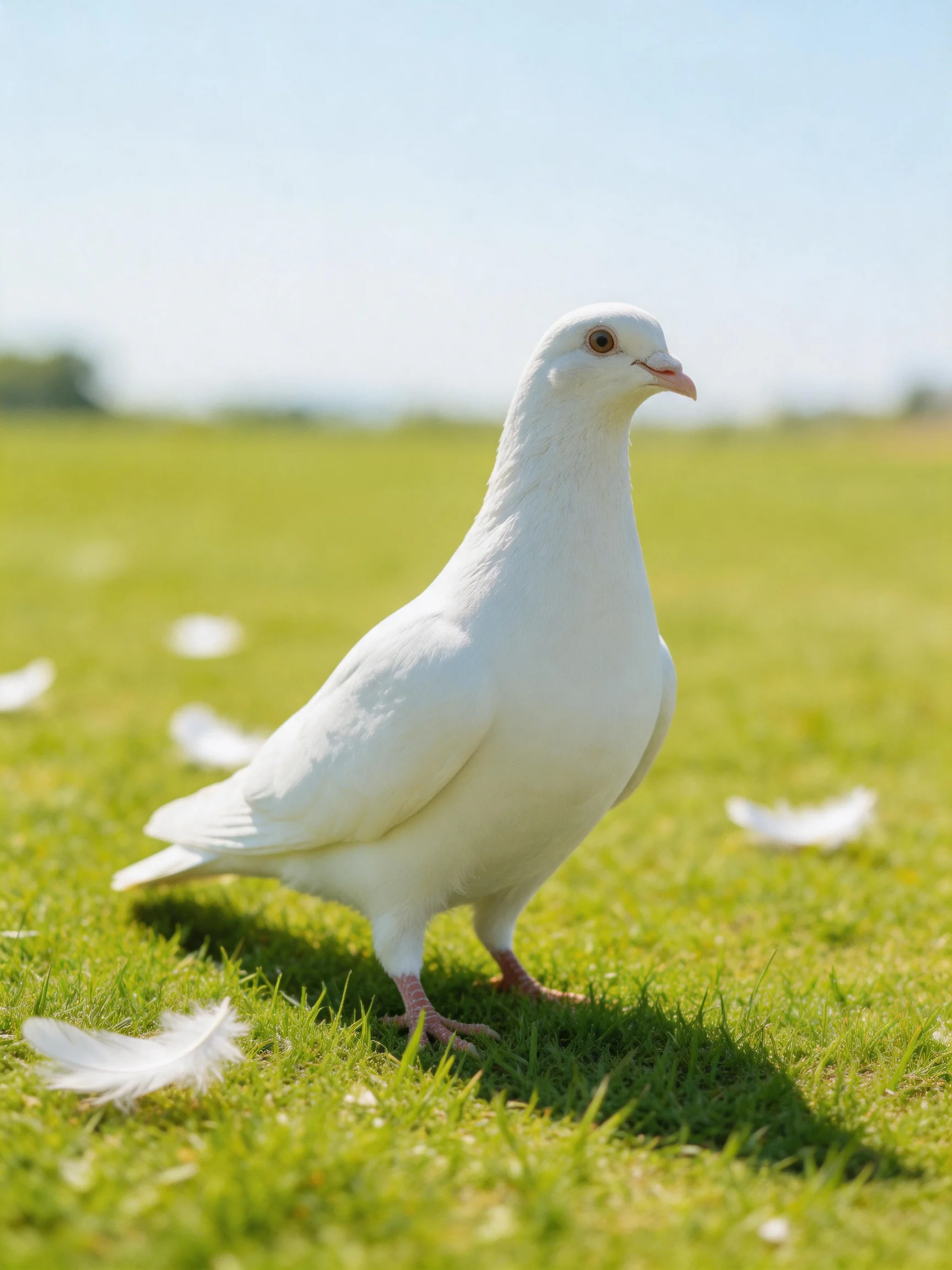 A white pigeon stands on green grass near scattered feathers.