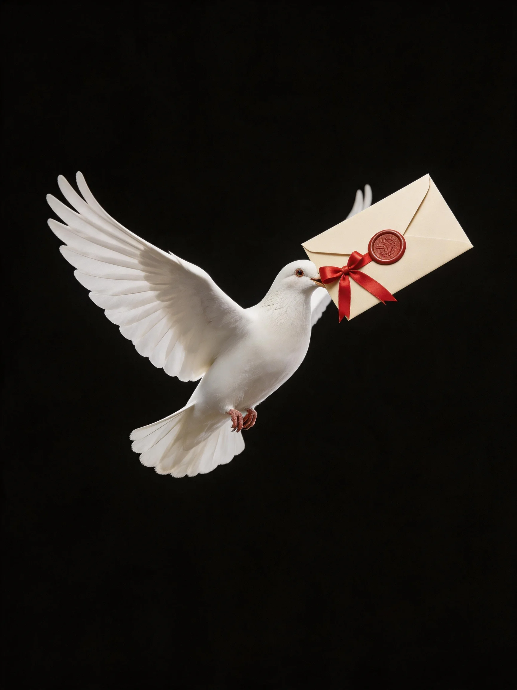 White dove carrying an ornate beige envelope with red ribbon