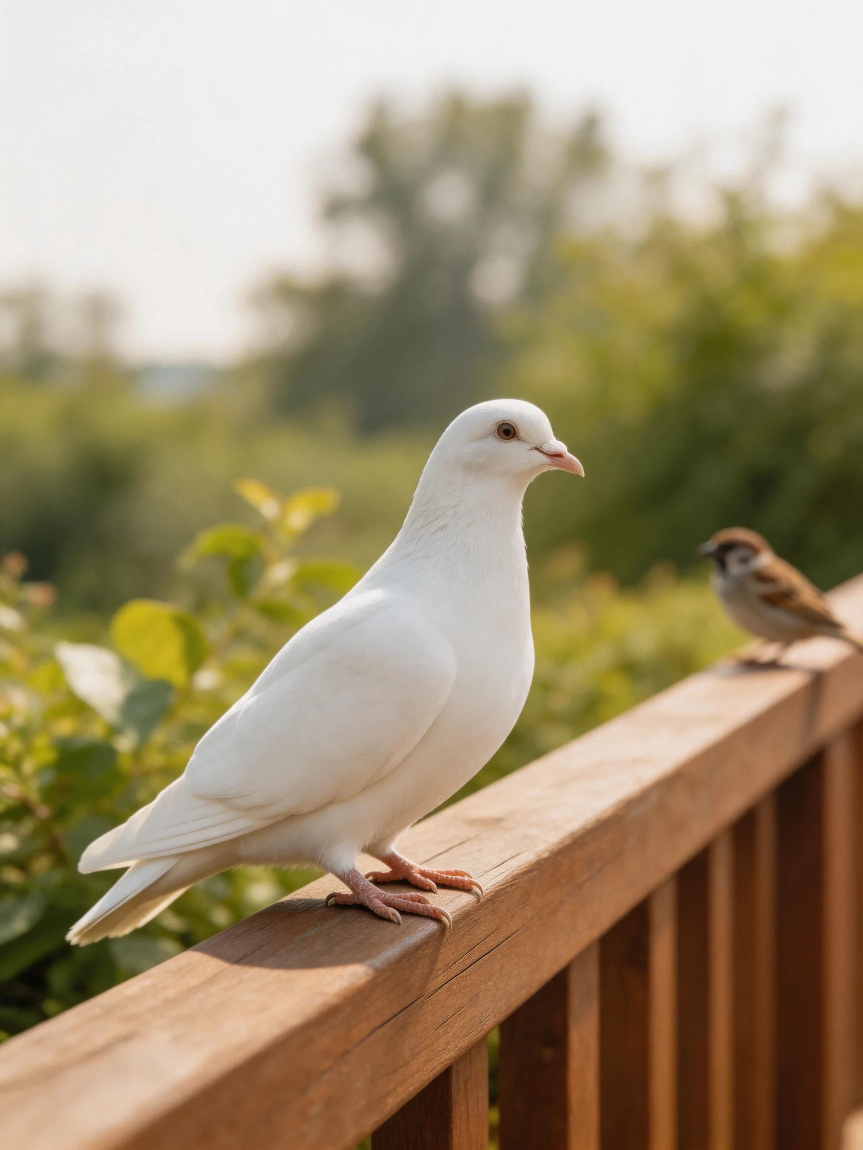 White dove perched beside small brown bird on wooden railing