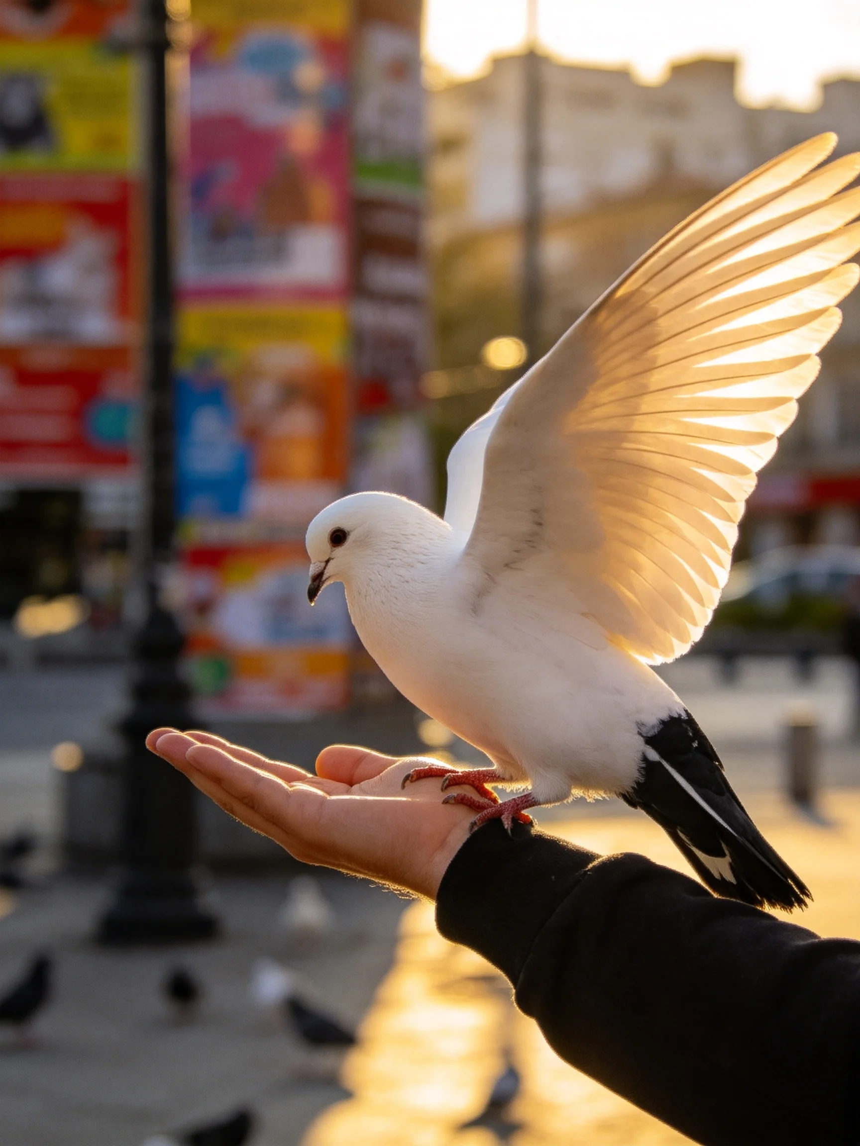 White dove perched on a hand in a sunlit urban square