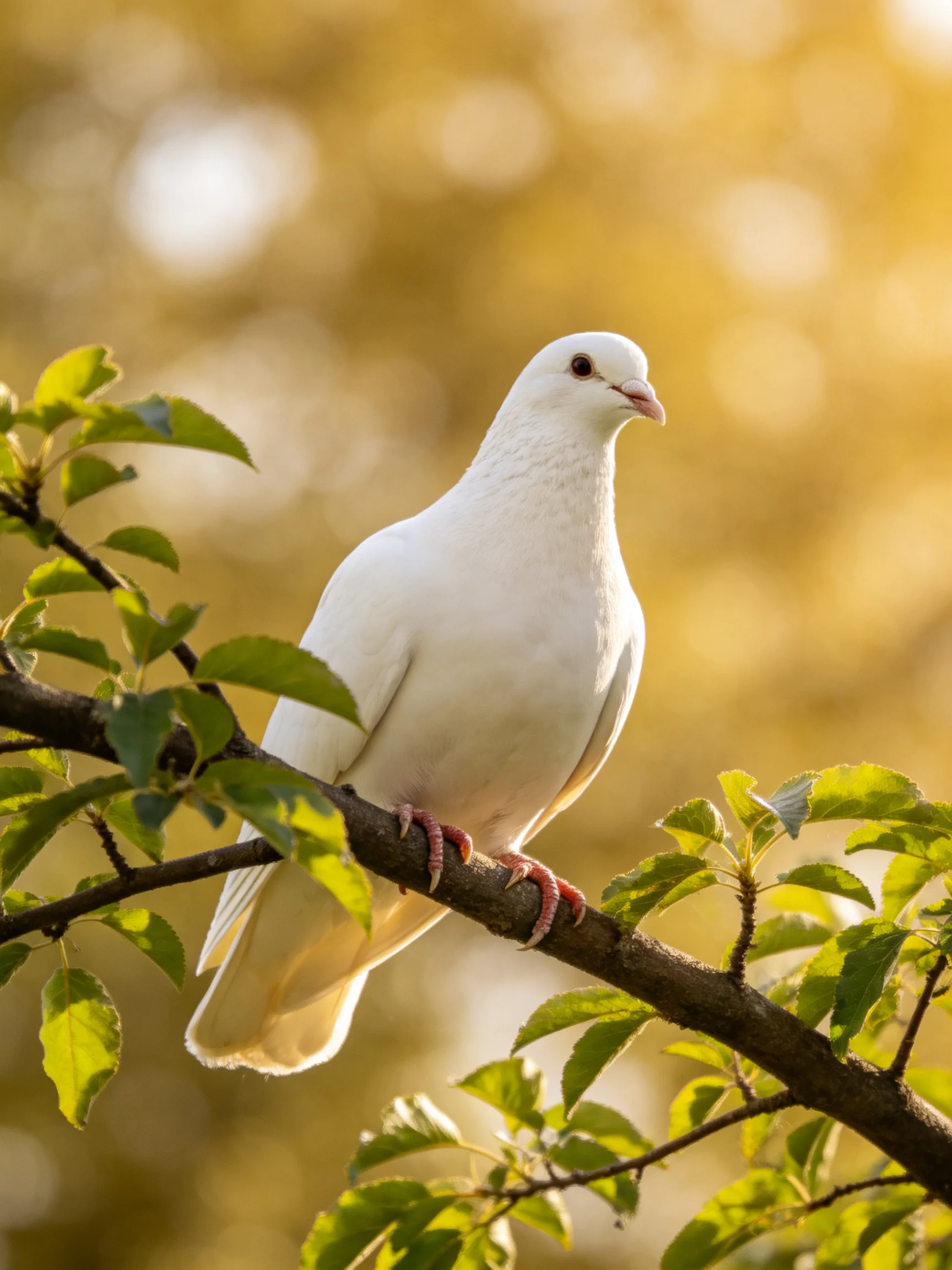 White dove perched on leafy branch with golden bokeh
