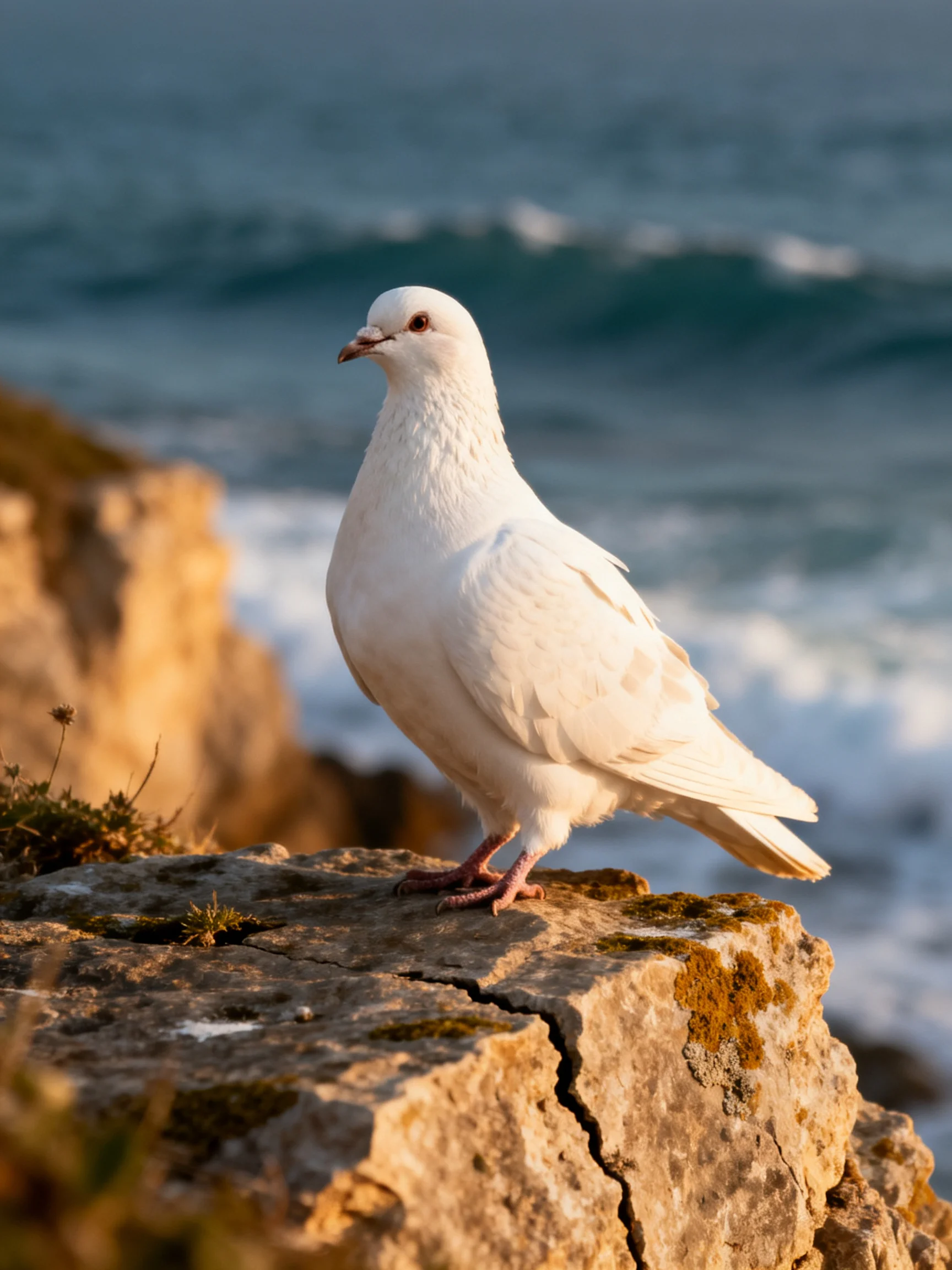 White dove perched on mossy rocky cliff by the ocean