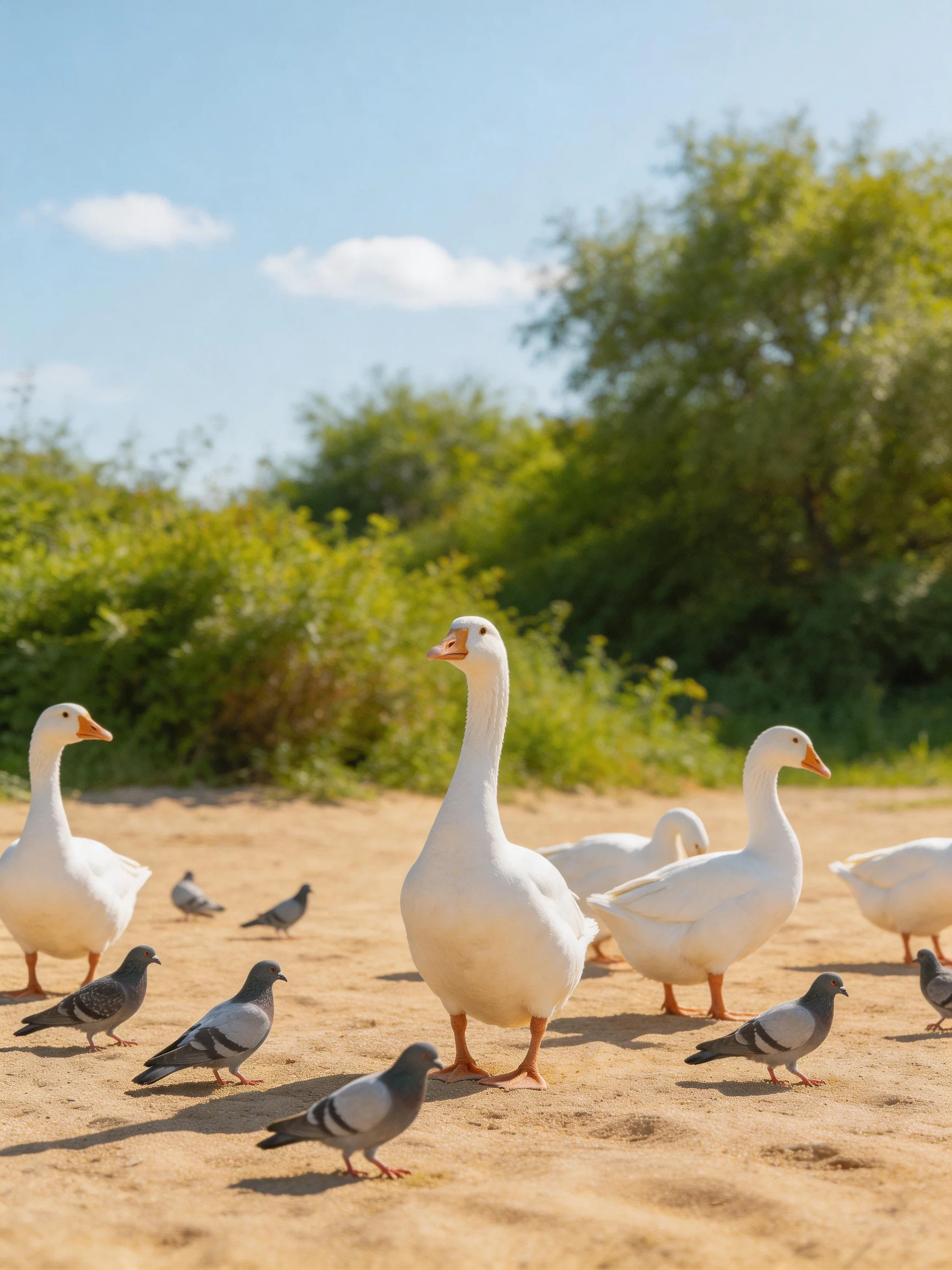 White geese and gray pigeons on sandy ground near greenery