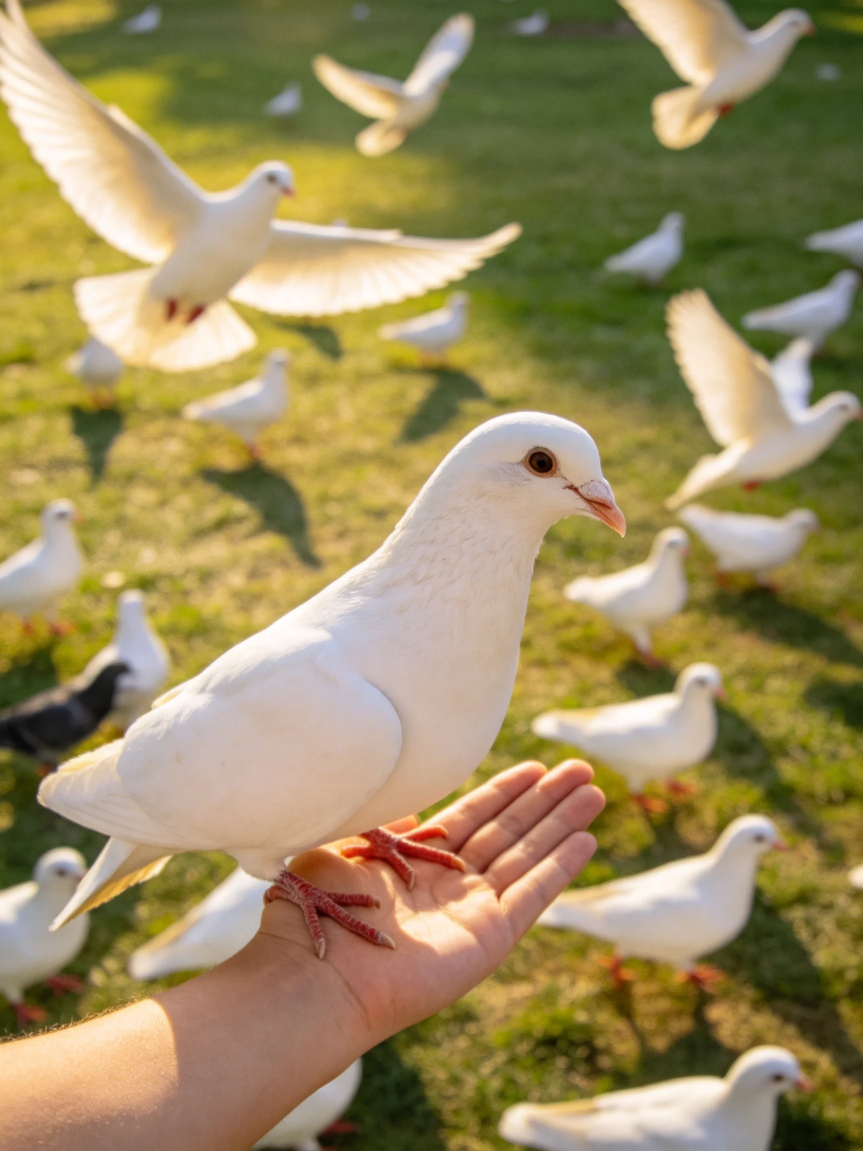 White pigeon on outstretched hand with numerous flying birds