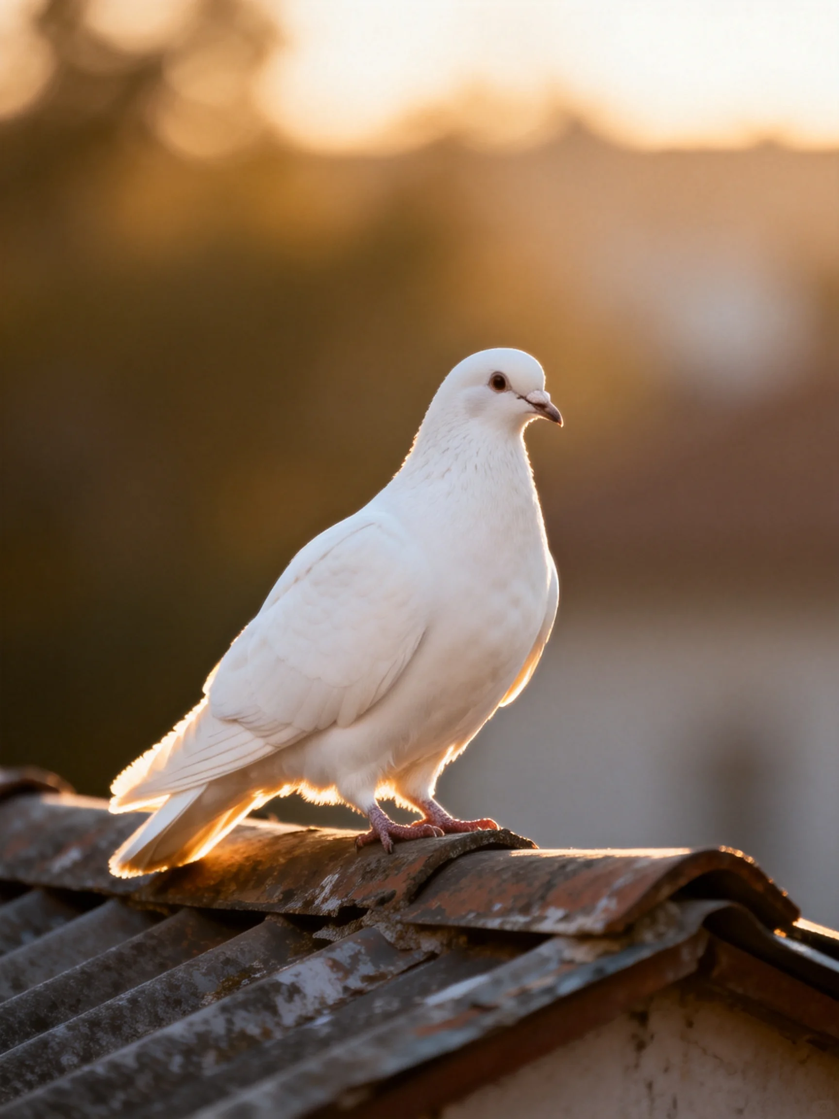 White pigeon perched on aged metal roof at golden hour