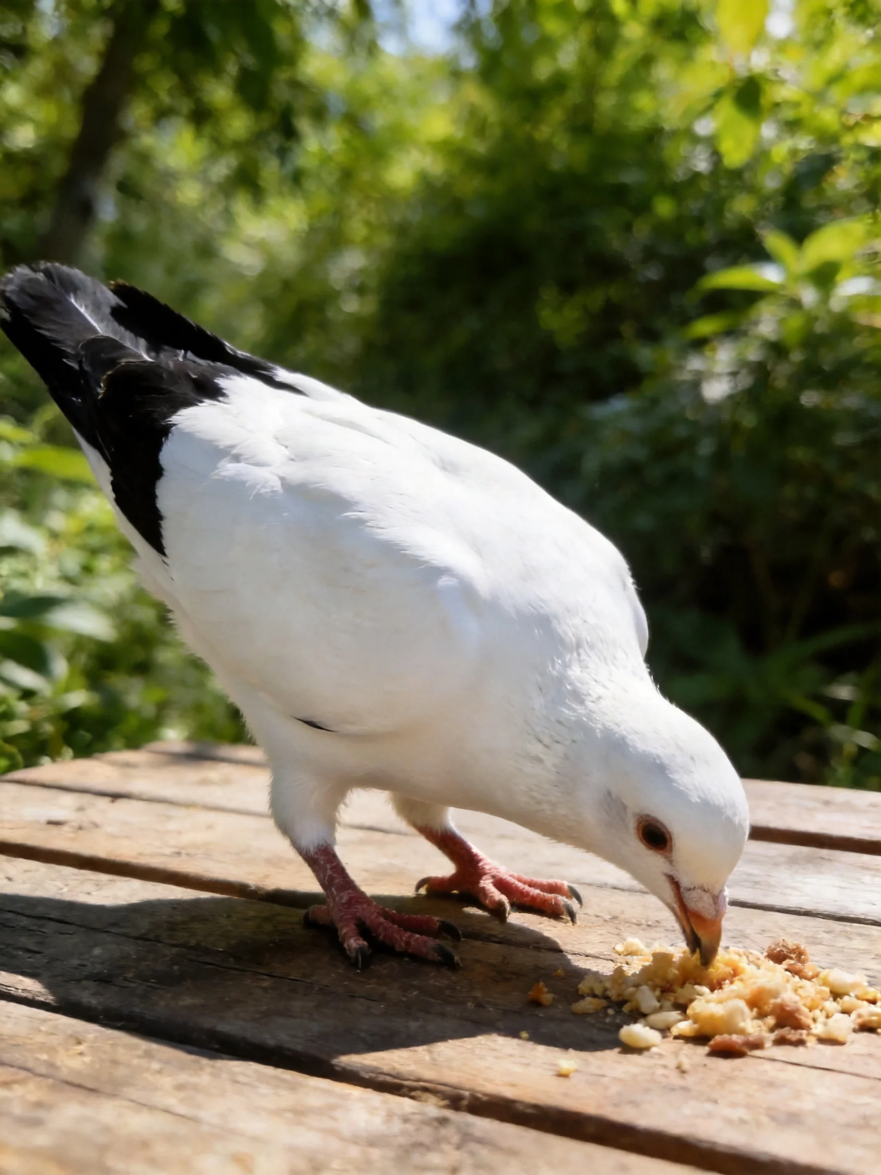White pigeon with black tail feeds on crumbs on a wooden table outdoors