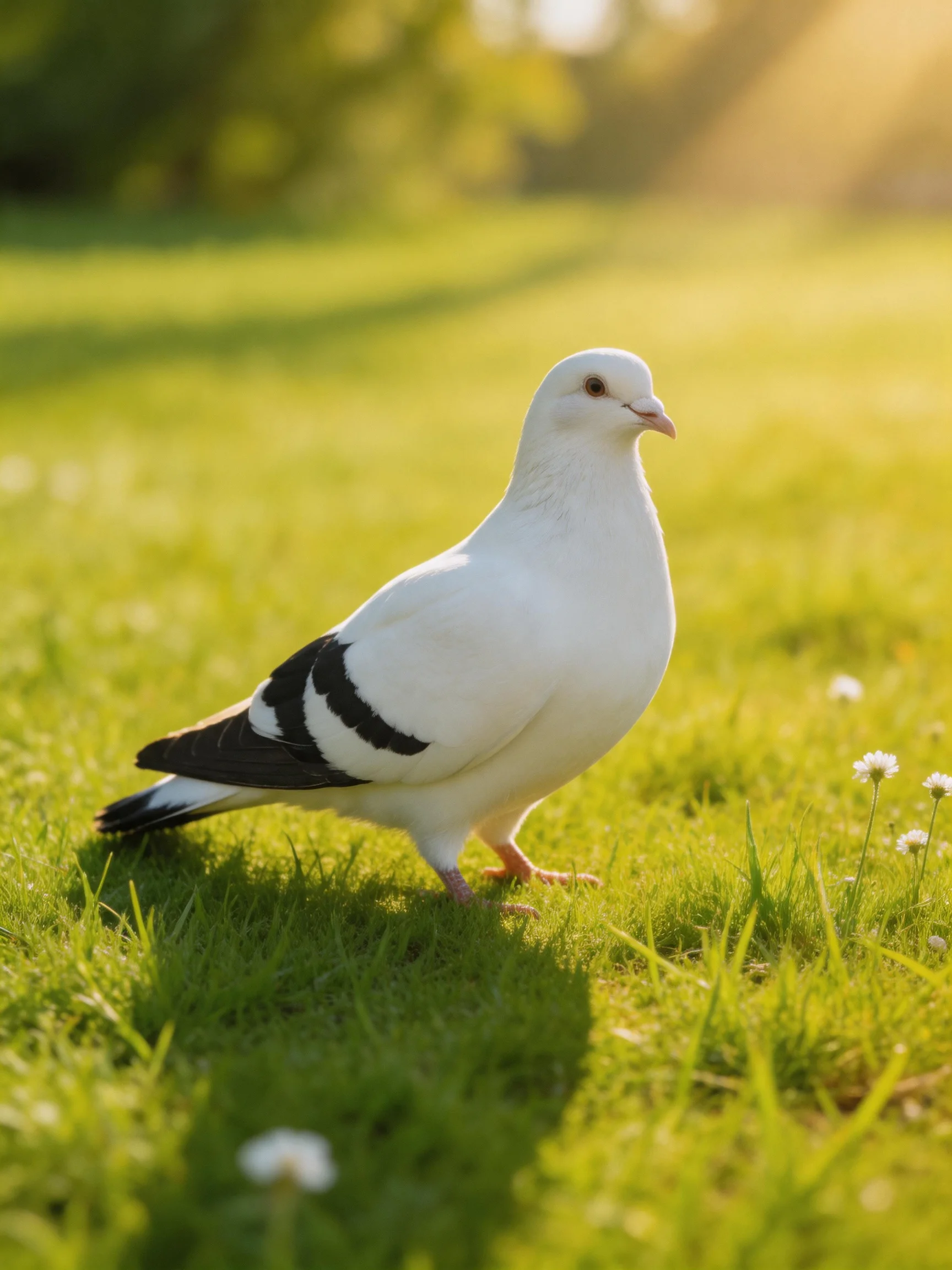 White pigeon with black wing patches on lush green grass