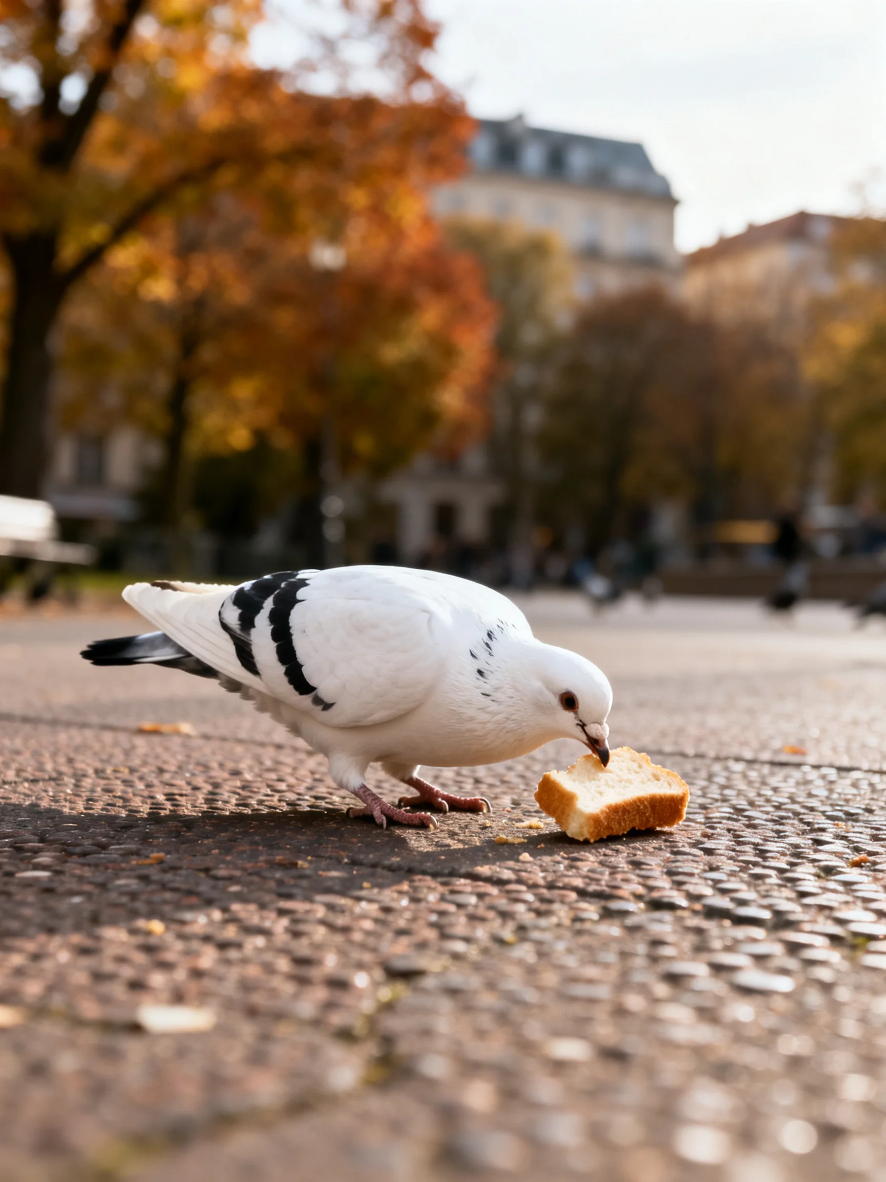White pigeon with black wing stripes eating bread outdoors