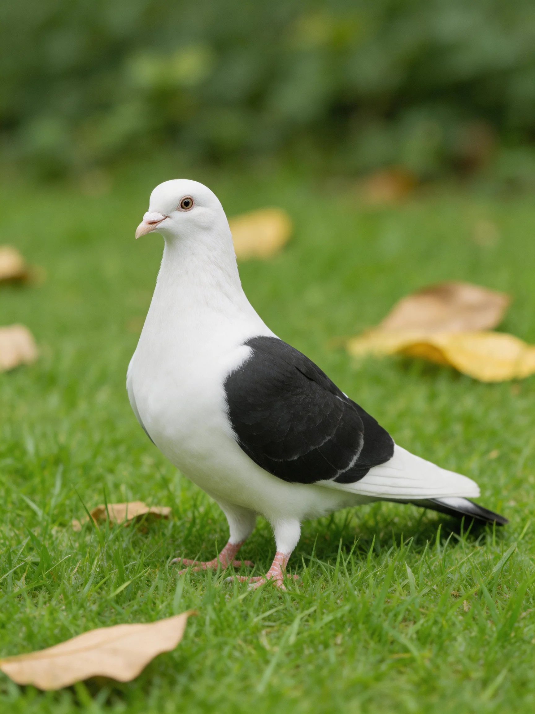 White pigeon with black wings on green grass near scattered leaves