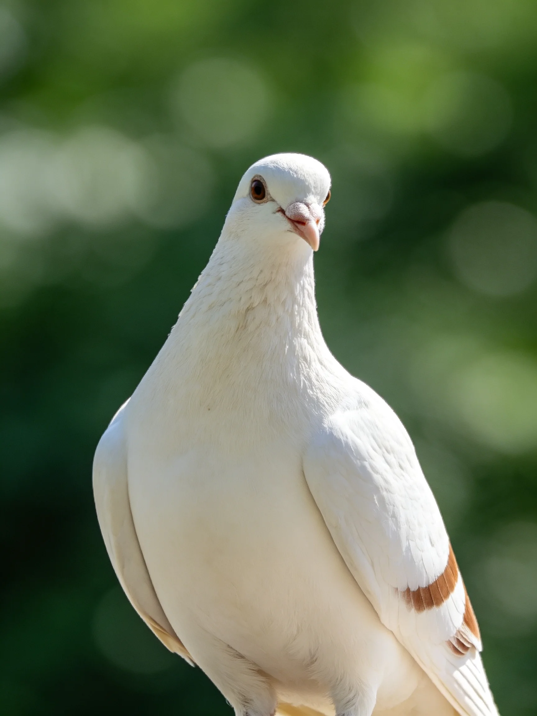 White pigeon with brown wing patches against green blurred foliage