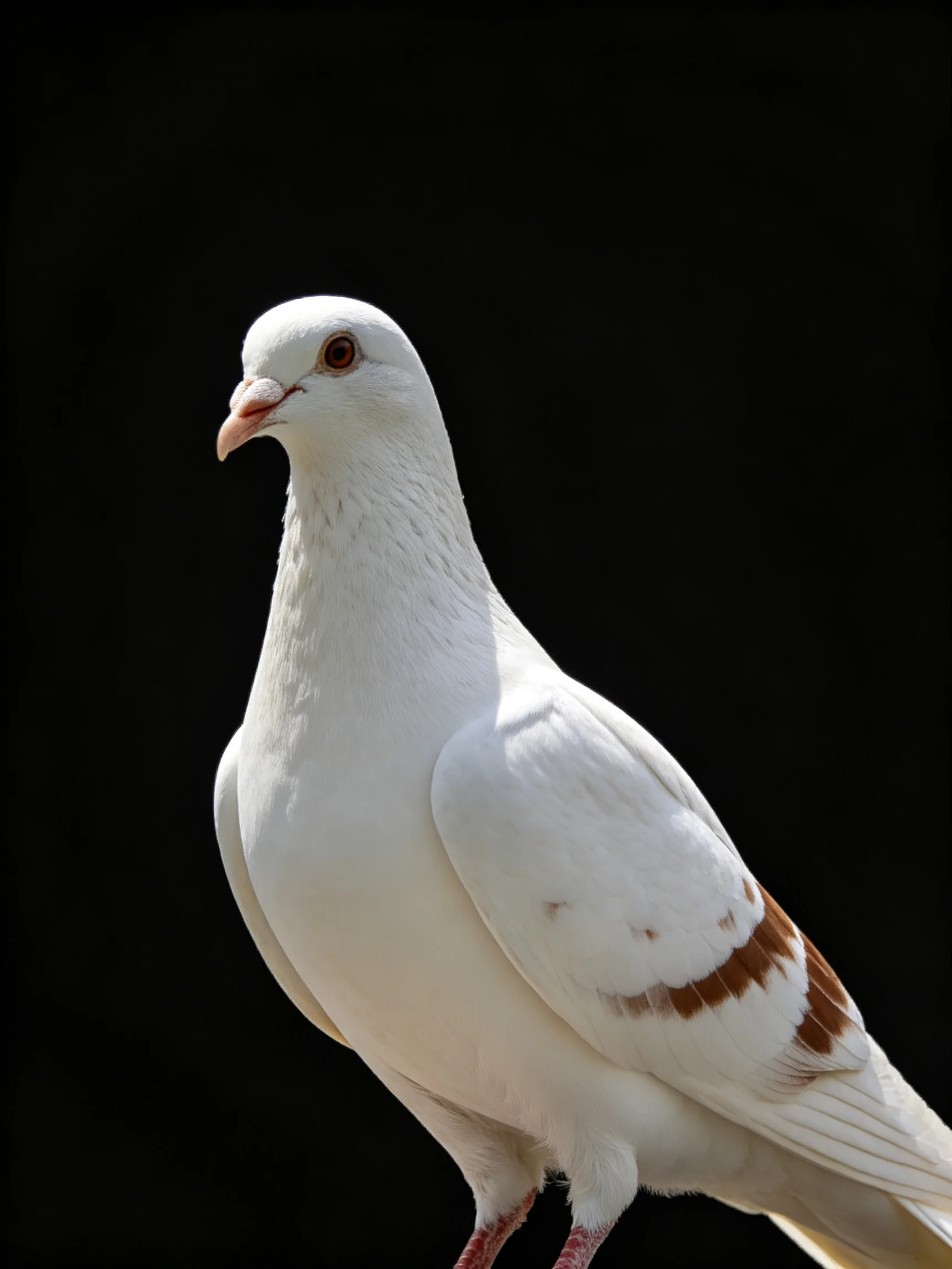 White pigeon with brown wing patches on dark backdrop