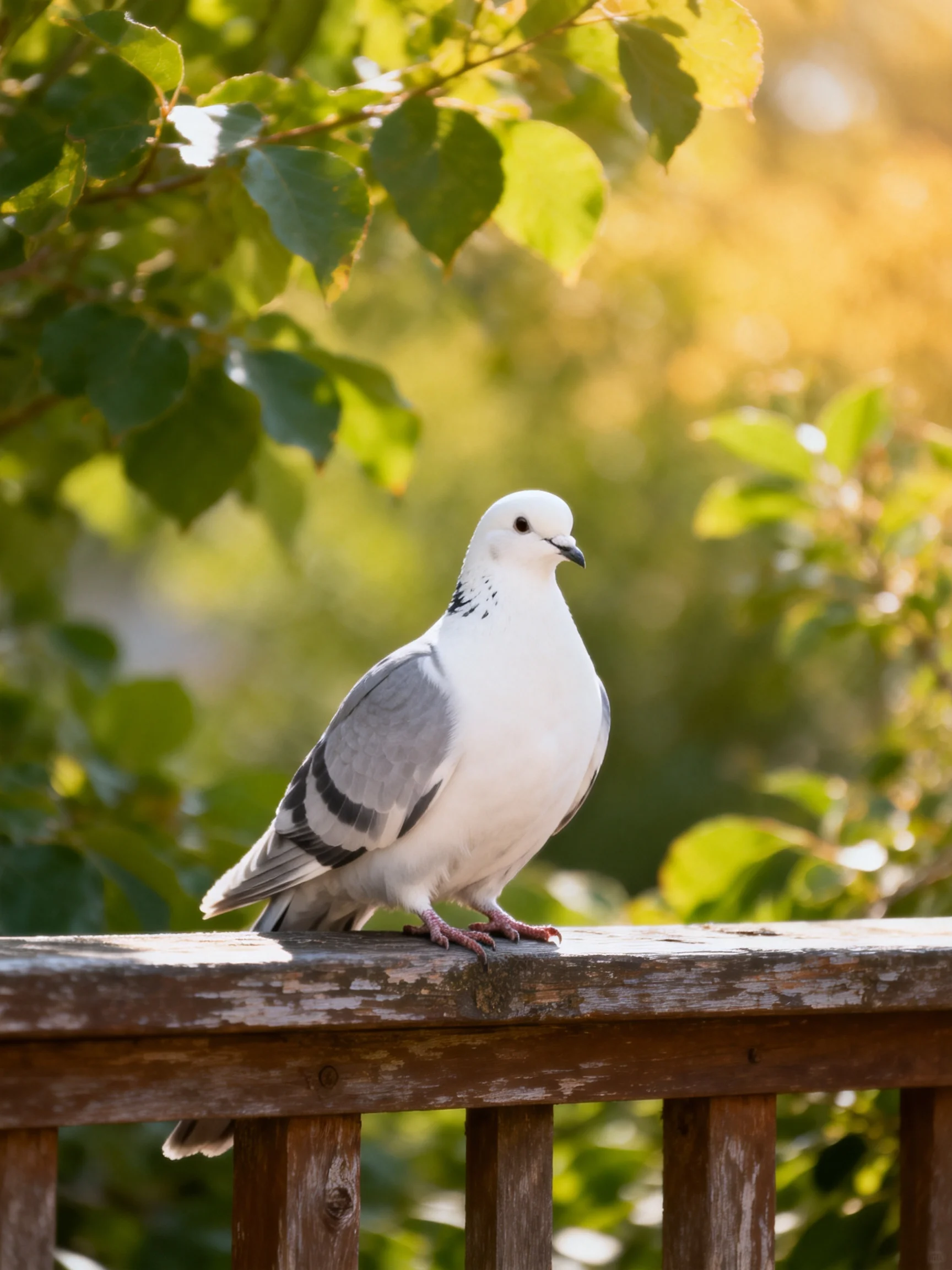 A white pigeon rests on a weathered wooden railing amid greenery.