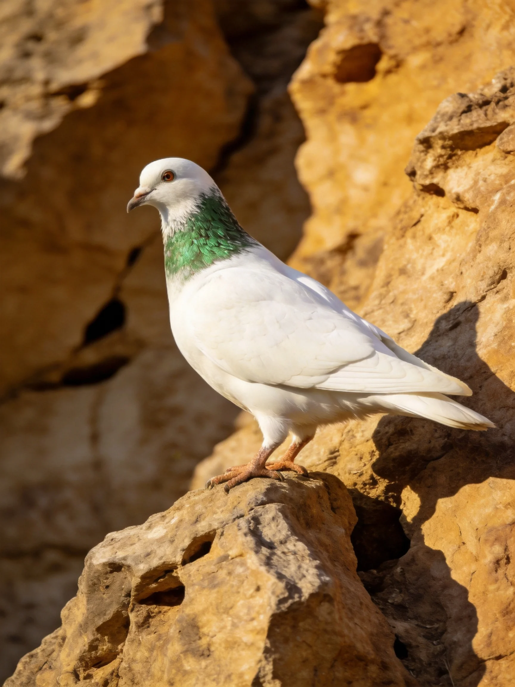 White pigeon with green neck perched on rugged brown rock formations