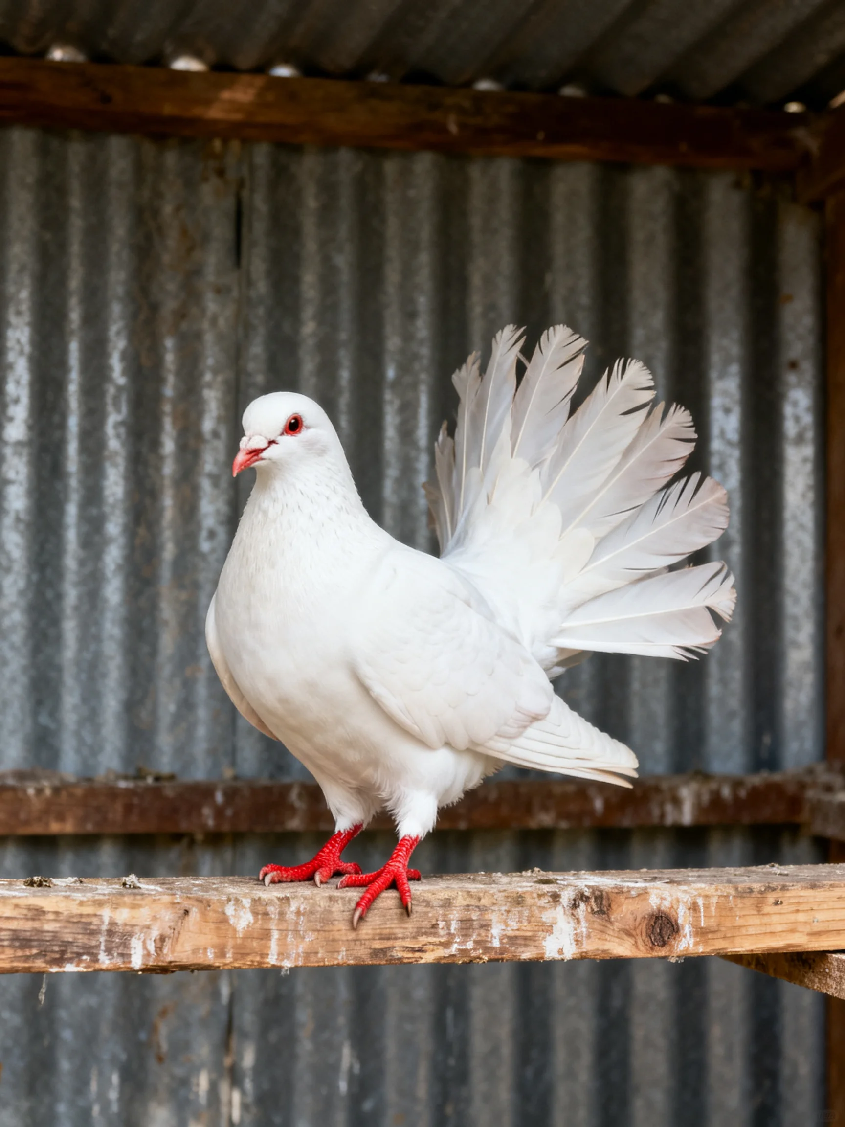 White pigeon with red feet perched on wooden beam near corrugated metal