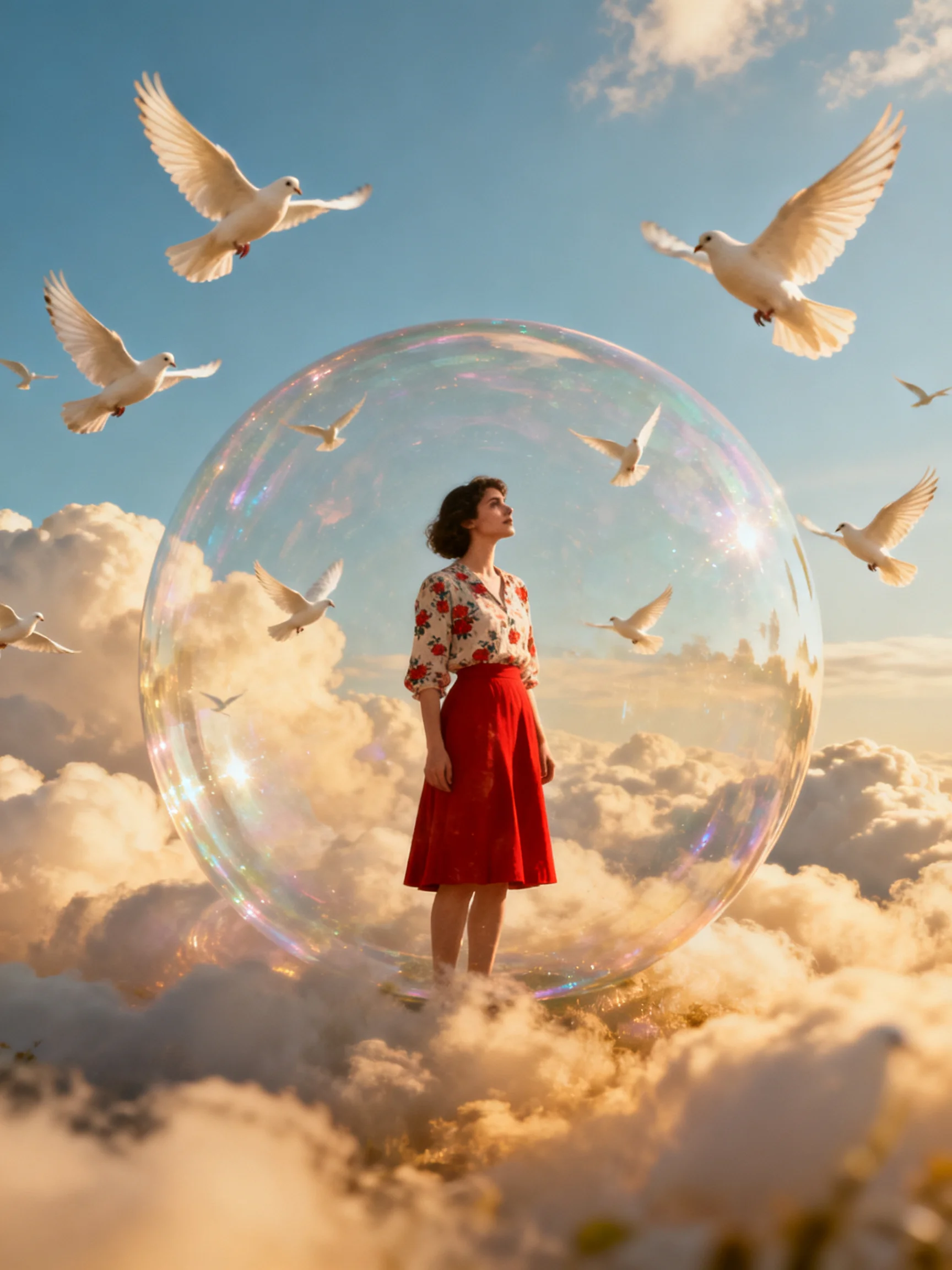 Woman in giant bubble with white doves and clouds