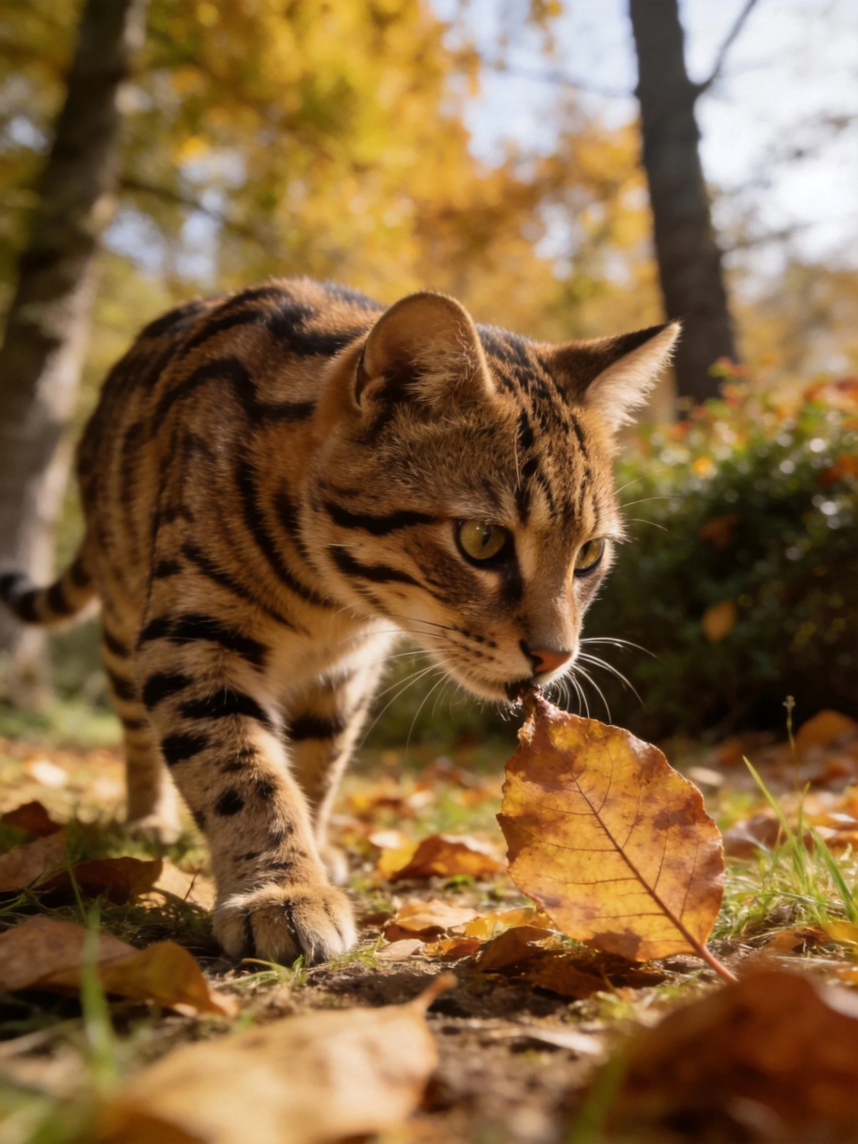 A Bengal cat explores fallen golden leaves in a sunlit outdoor setting.