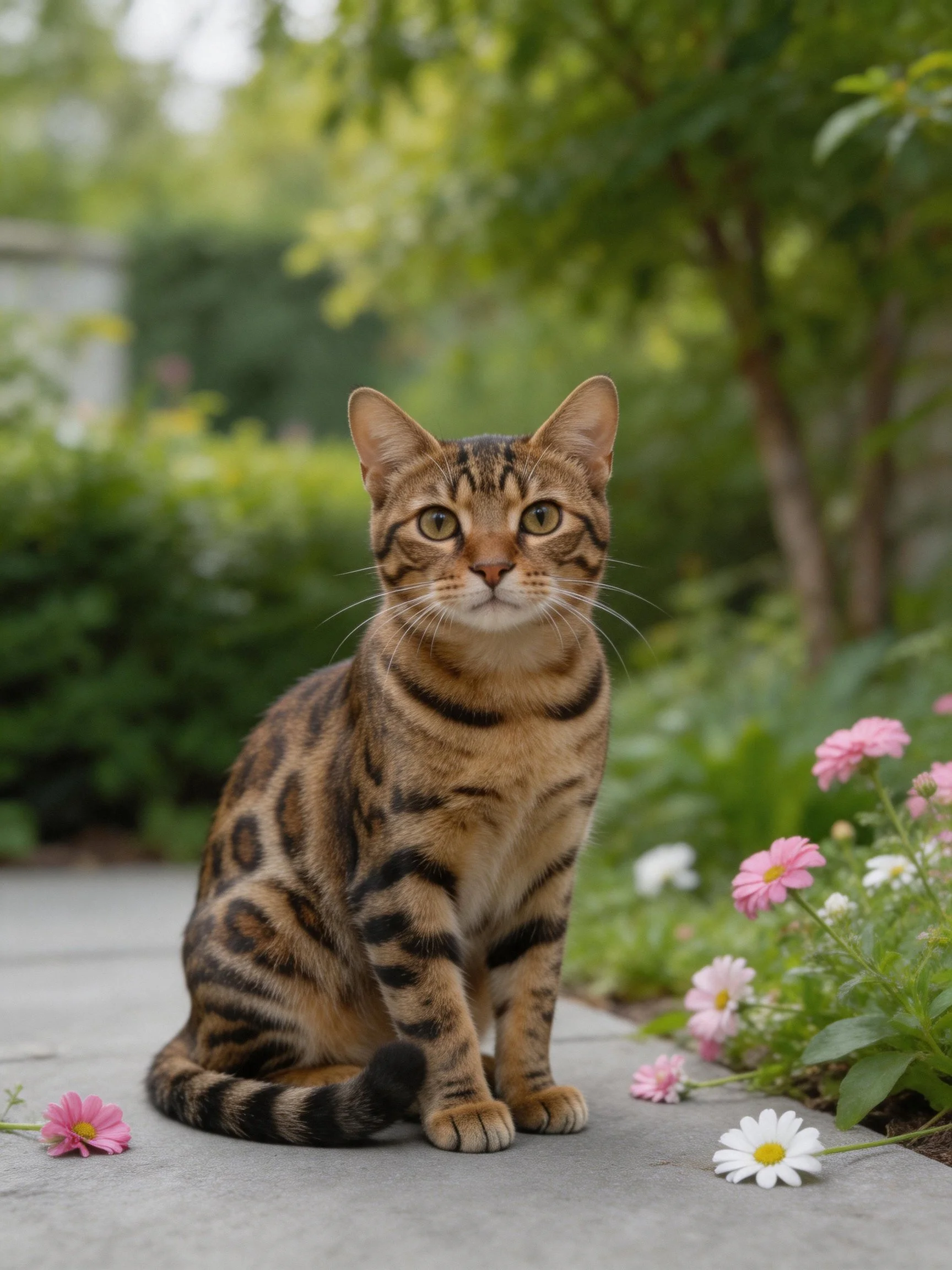 A Bengal cat sits calmly near colorful flowers in a garden.