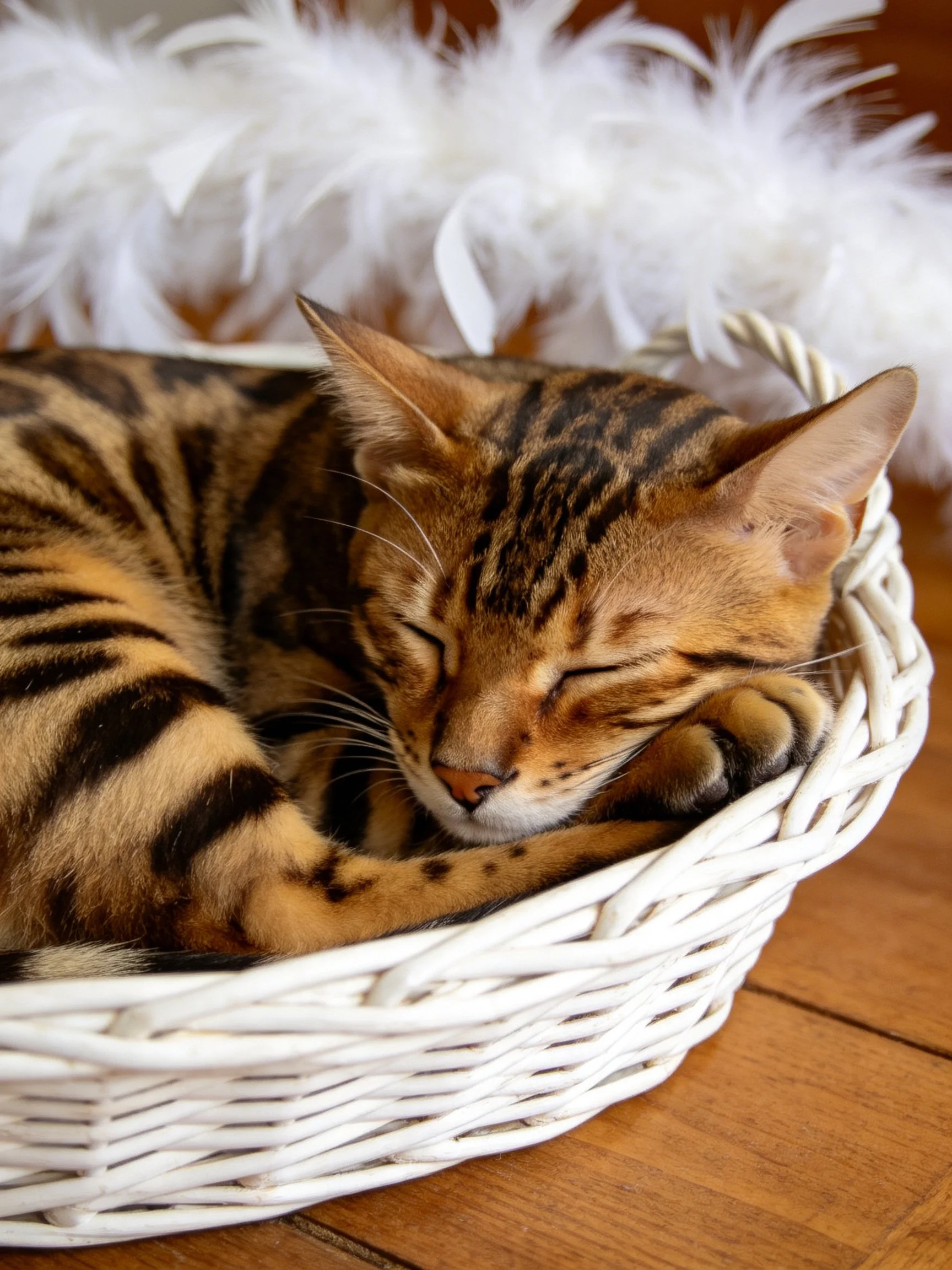 A Bengal cat rests peacefully in a white wicker basket with soft feathers nearby.