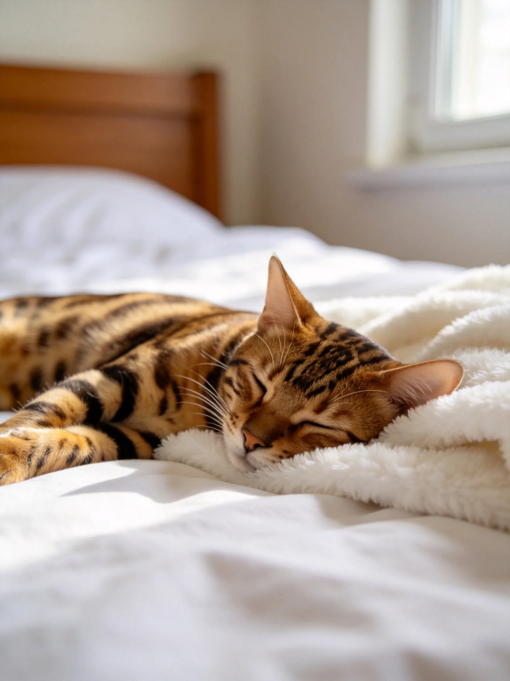 A Bengal cat sleeps peacefully on a white bed with a fluffy blanket