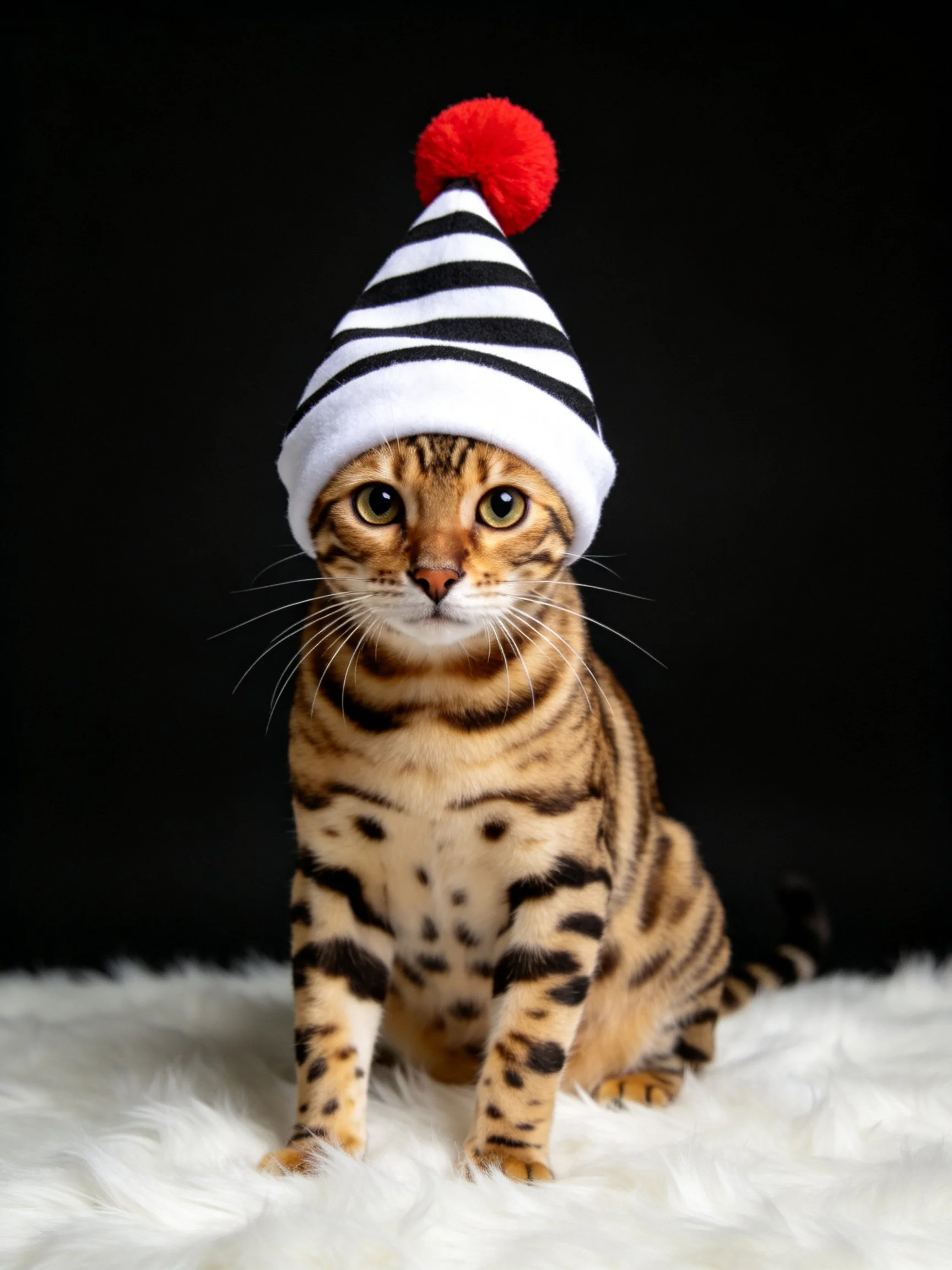 A Bengal cat wears black-and-white striped hat with red pom-pom