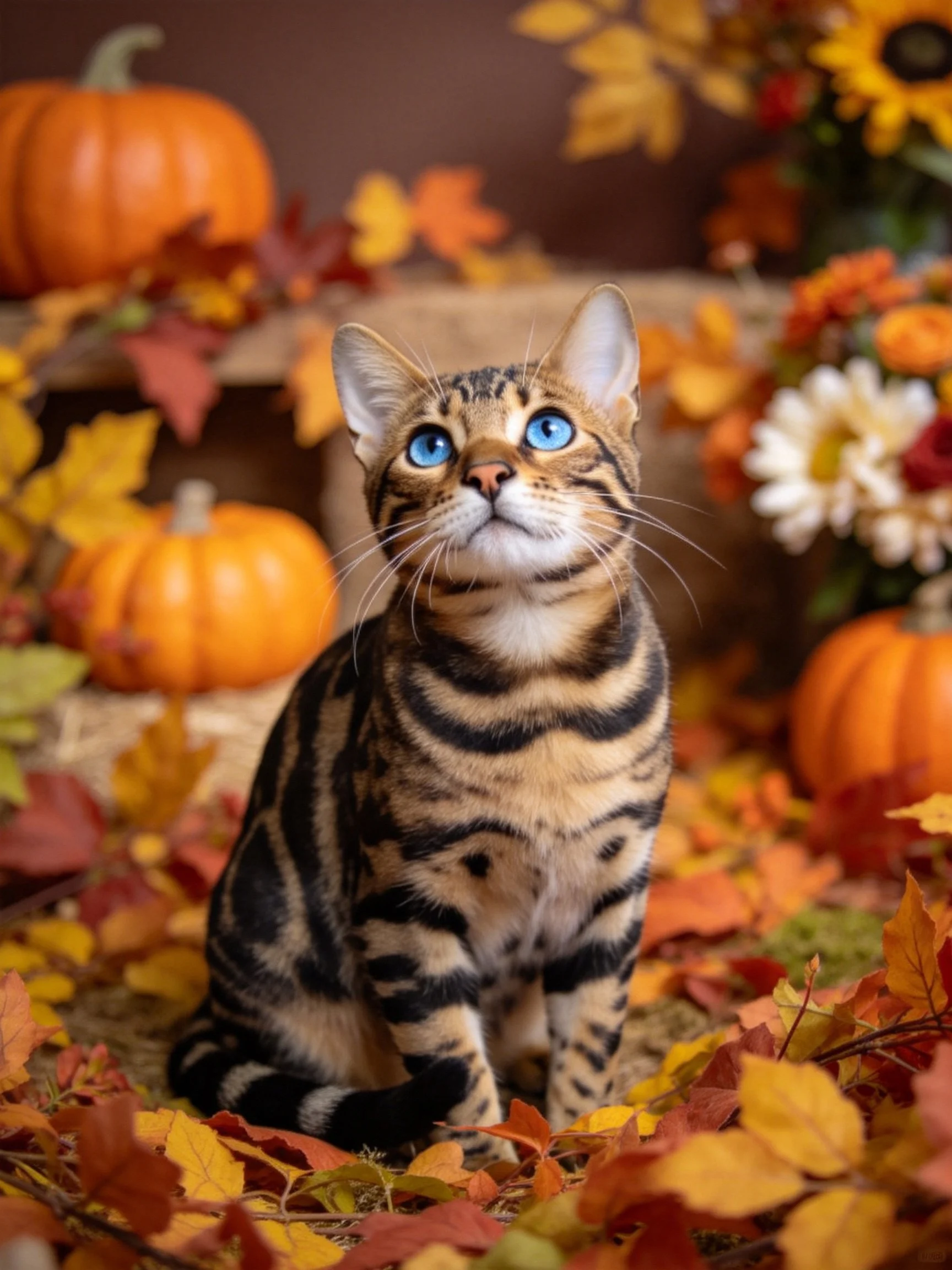 A Bengal cat with blue eyes sits amid autumn decor including pumpkins and leaves.