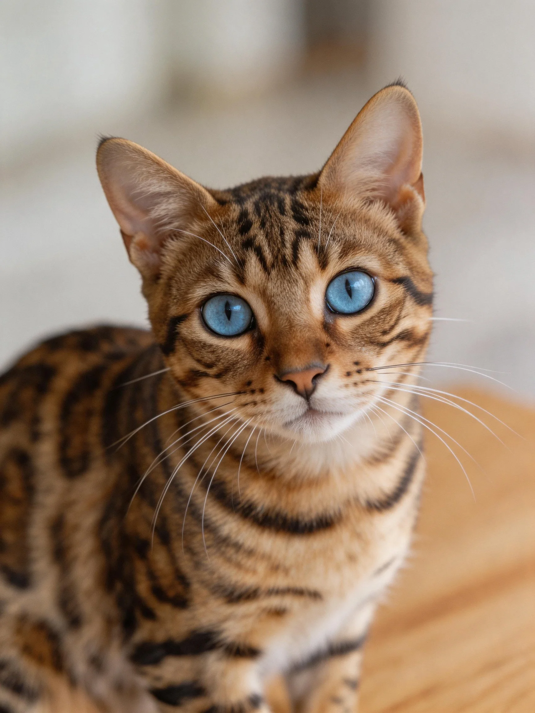 A Bengal cat with bright blue eyes and distinctive spotted fur