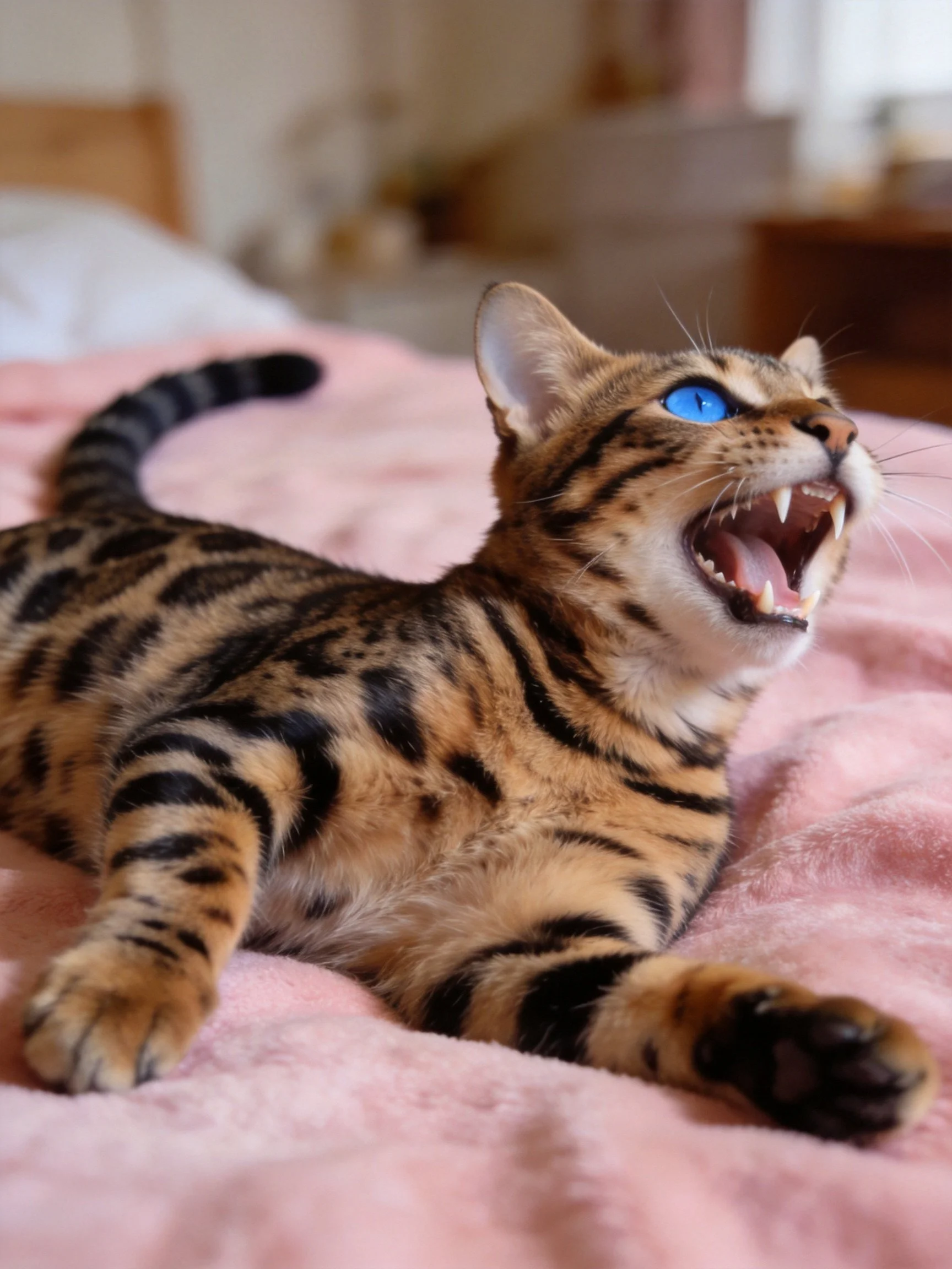 A Bengal cat with blue eyes relaxes on a pink bedspread.
