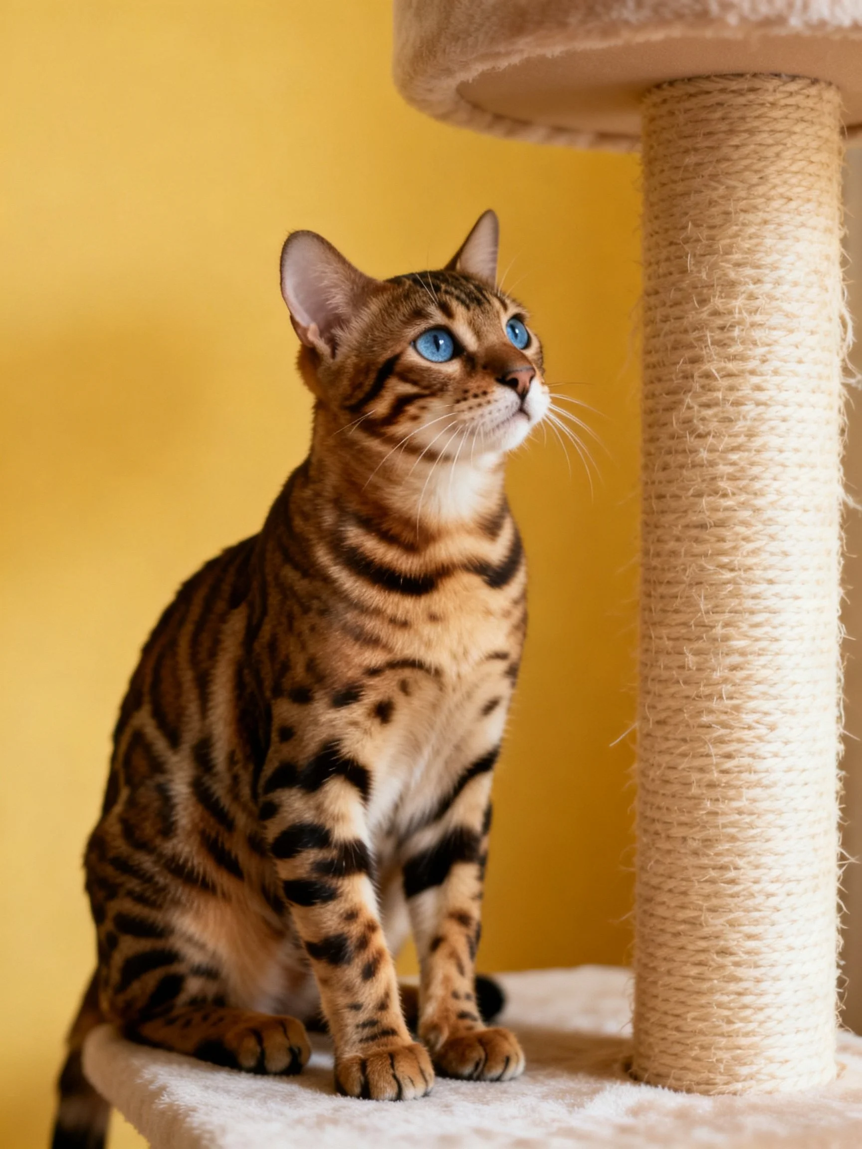 A Bengal cat with blue eyes rests beside a scratching post in front of a yellow wall.