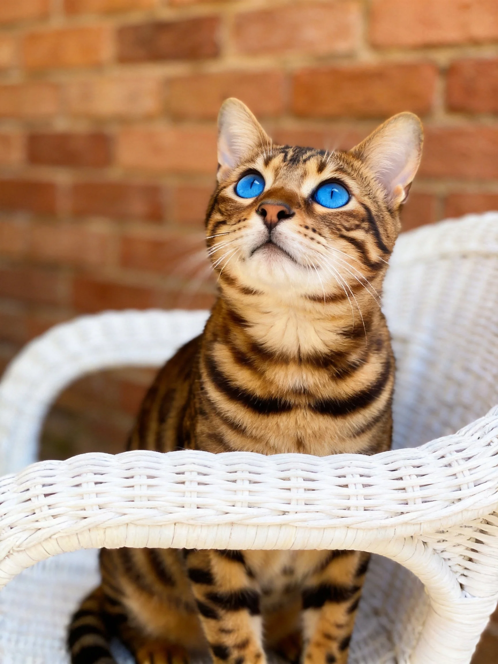 A Bengal cat with bright blue eyes sits on a white wicker chair beside a brick wall