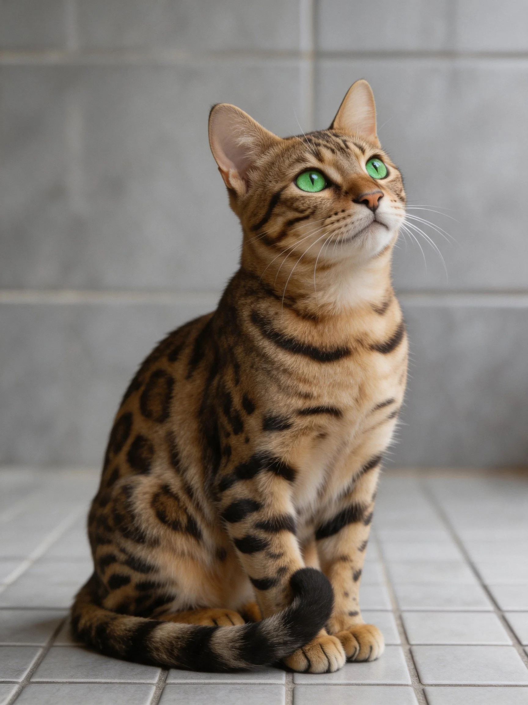 A Bengal cat with bright eyes sits on tiled flooring