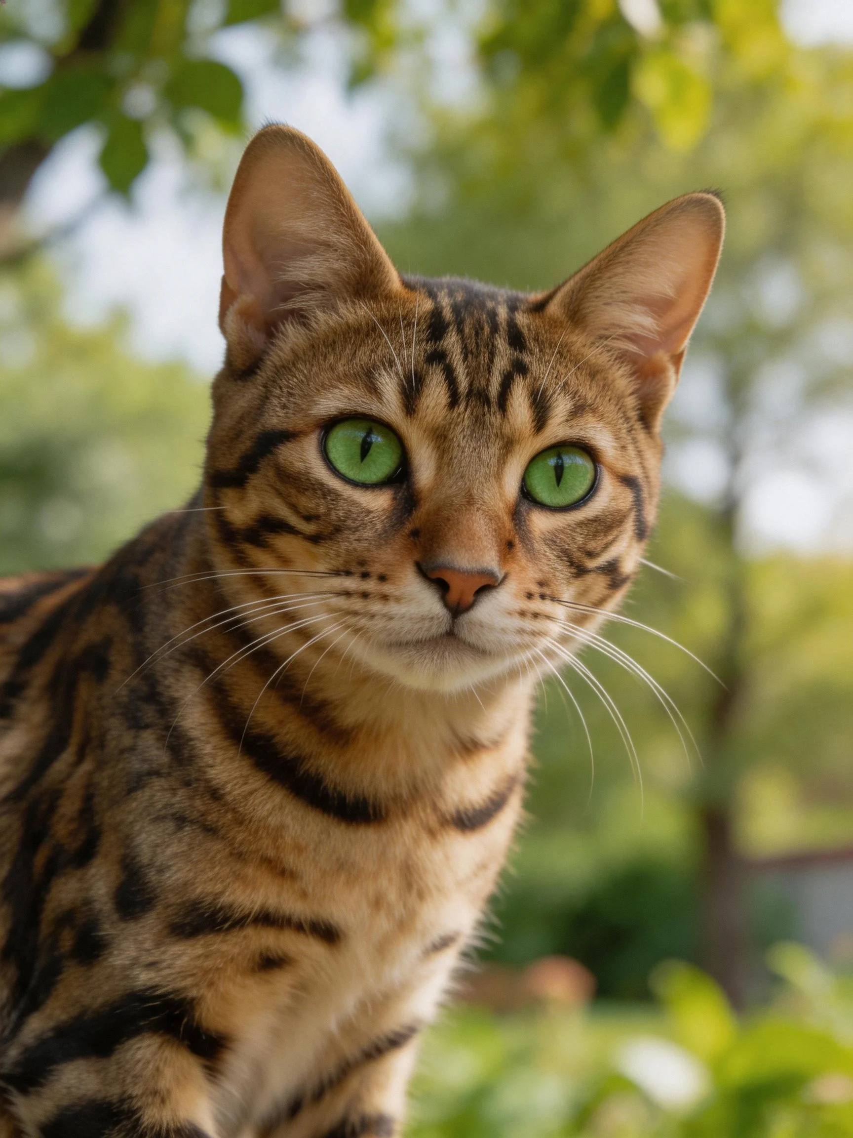 A Bengal cat with bright green eyes is shown outdoors near greenery.