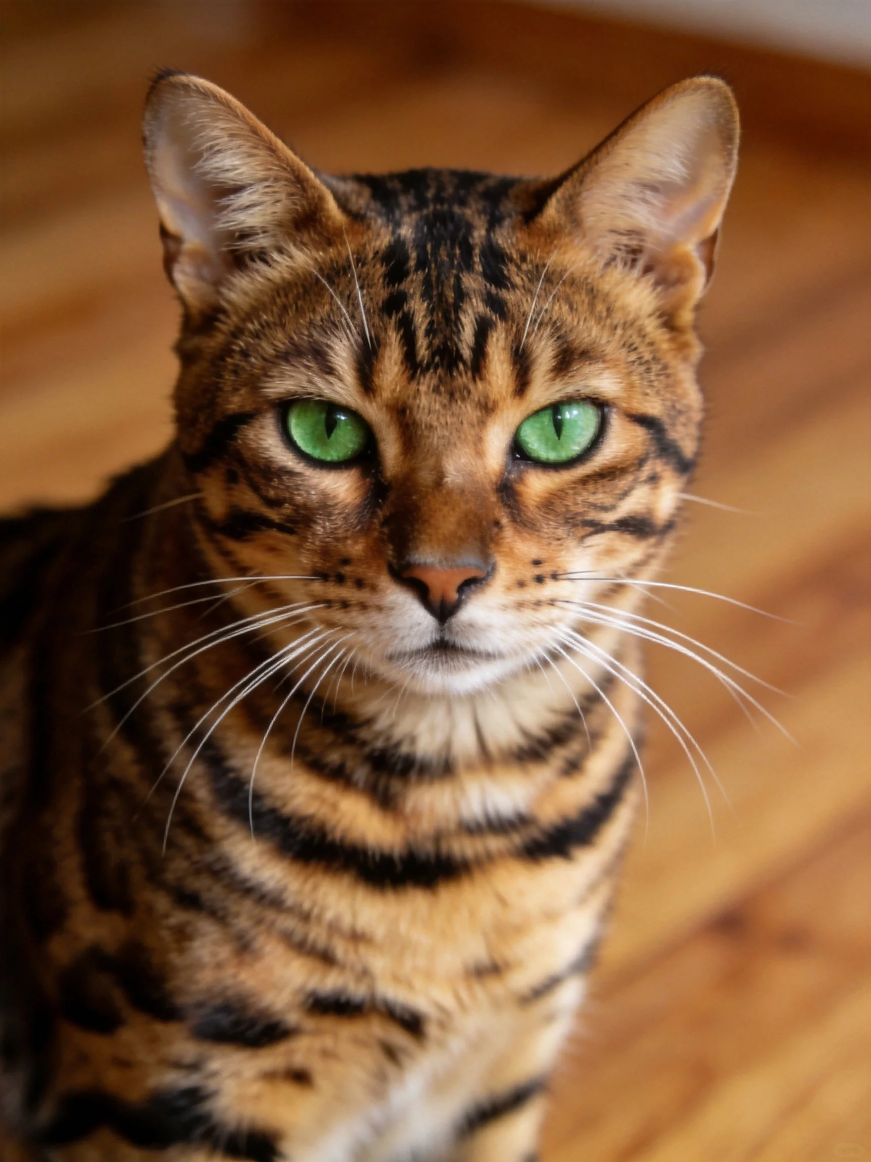 A Bengal cat with green eyes sits on a wooden floor.