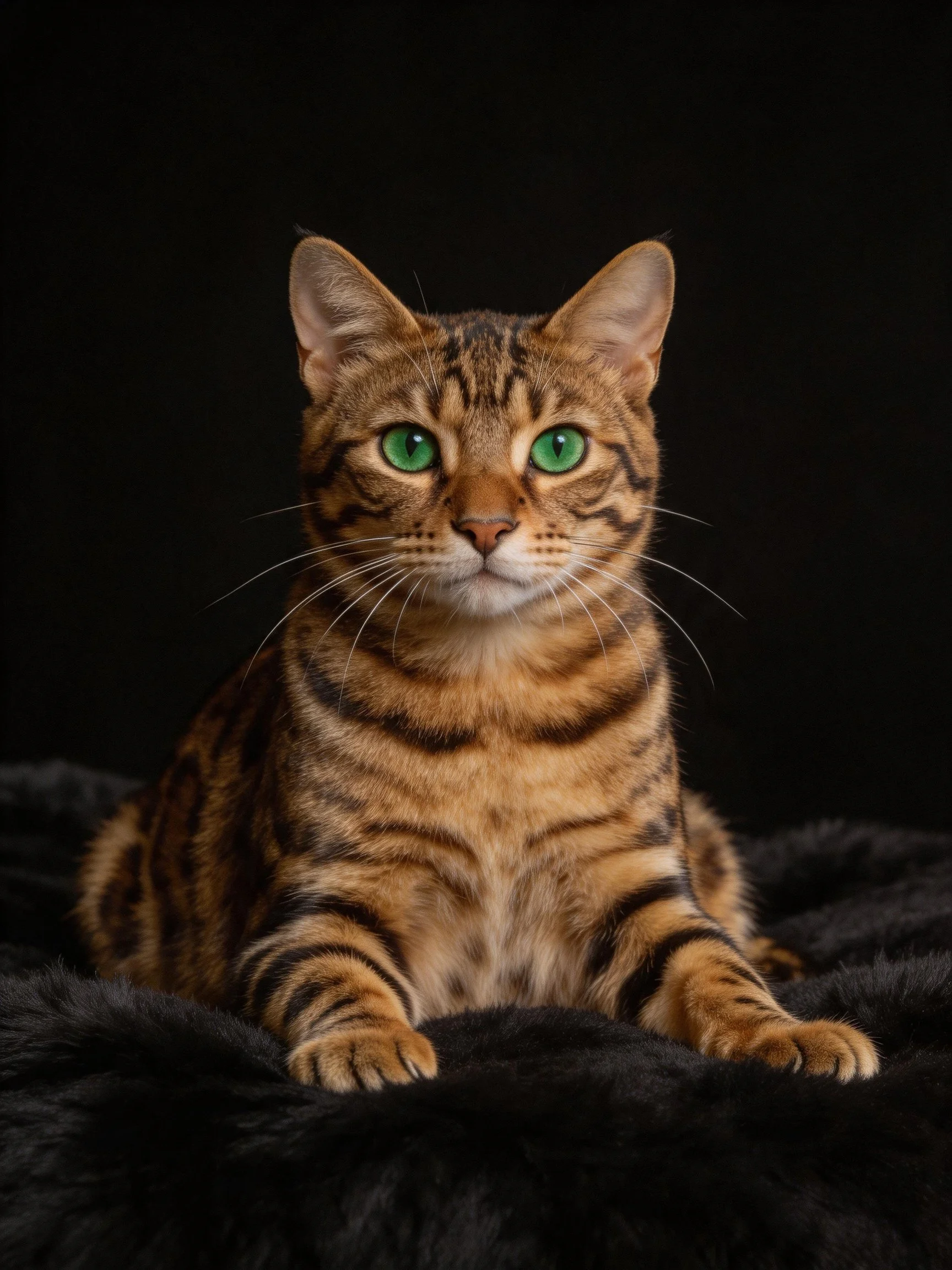 A Bengal cat with striking green eyes sits calmly against a dark backdrop.