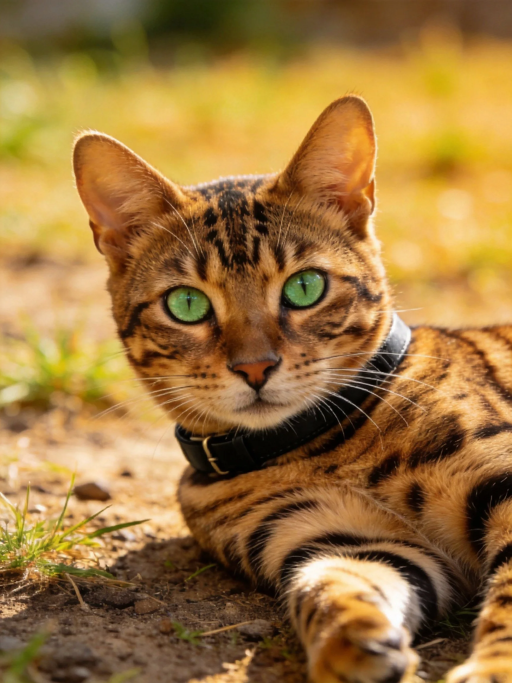 A Bengal cat with green eyes relaxes on dirt ground near grass.