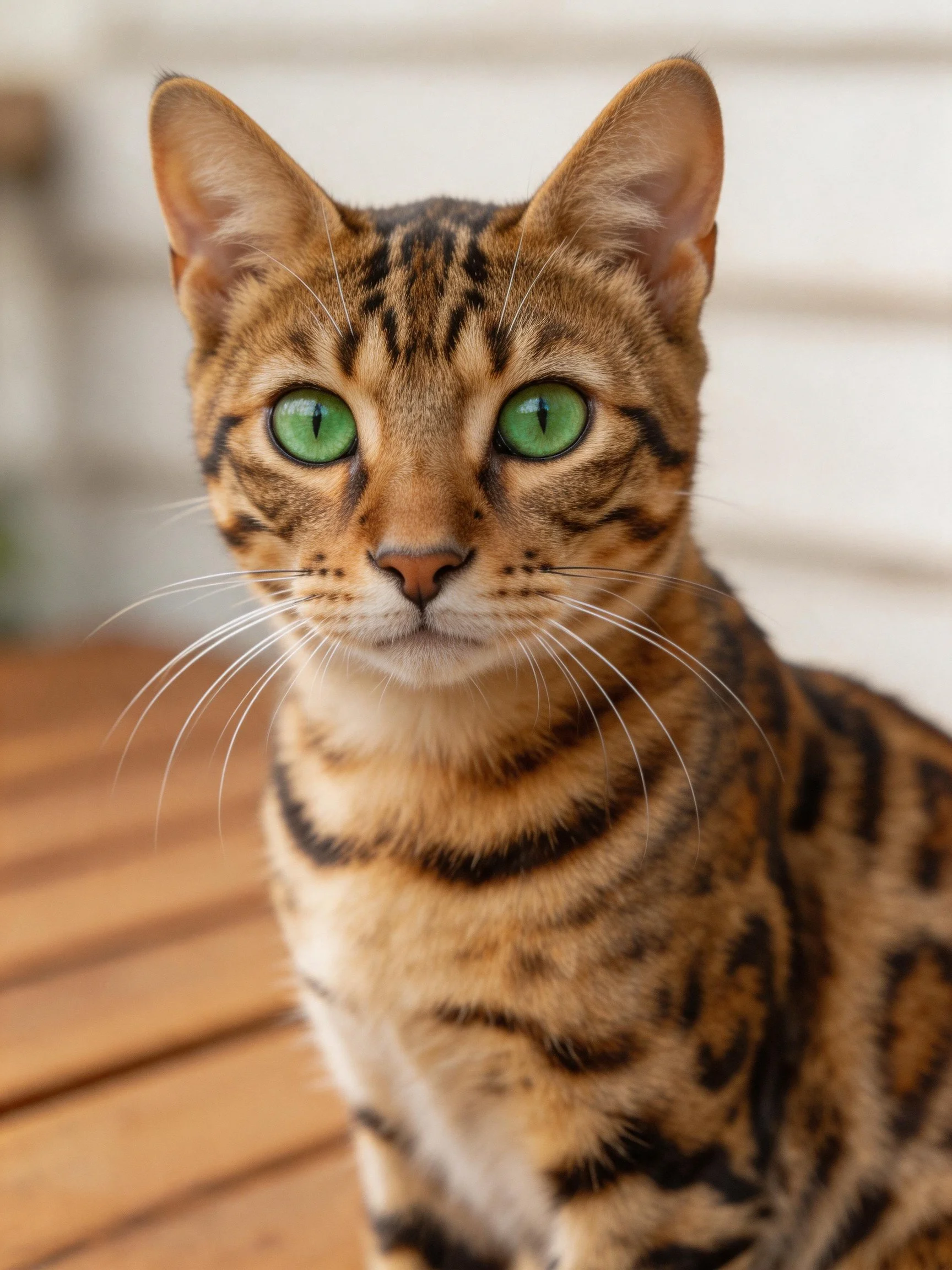 A Bengal cat with green eyes is captured up close on wood.