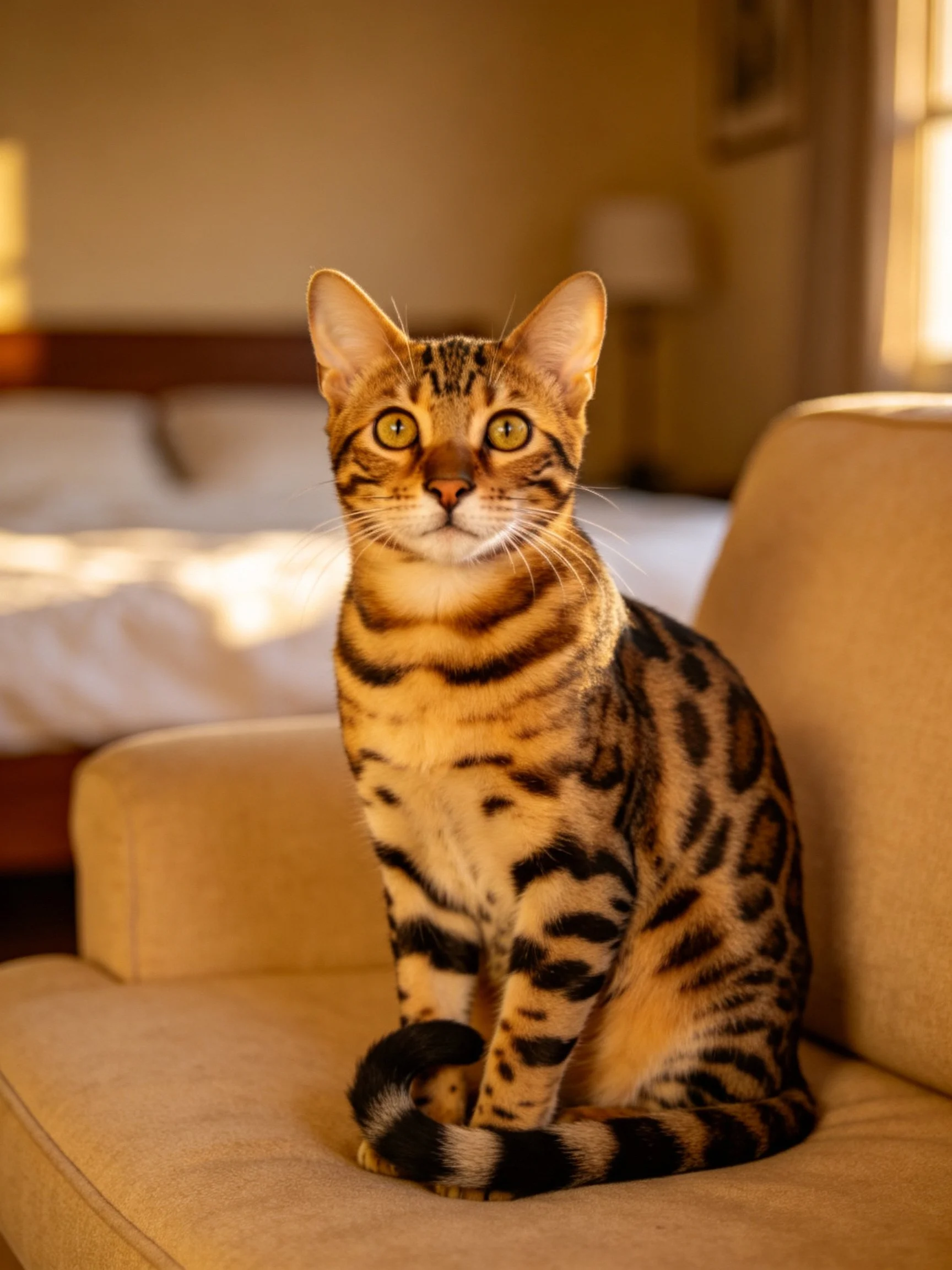 A Bengal cat with spotted fur sits on a beige armchair in a warmly lit room