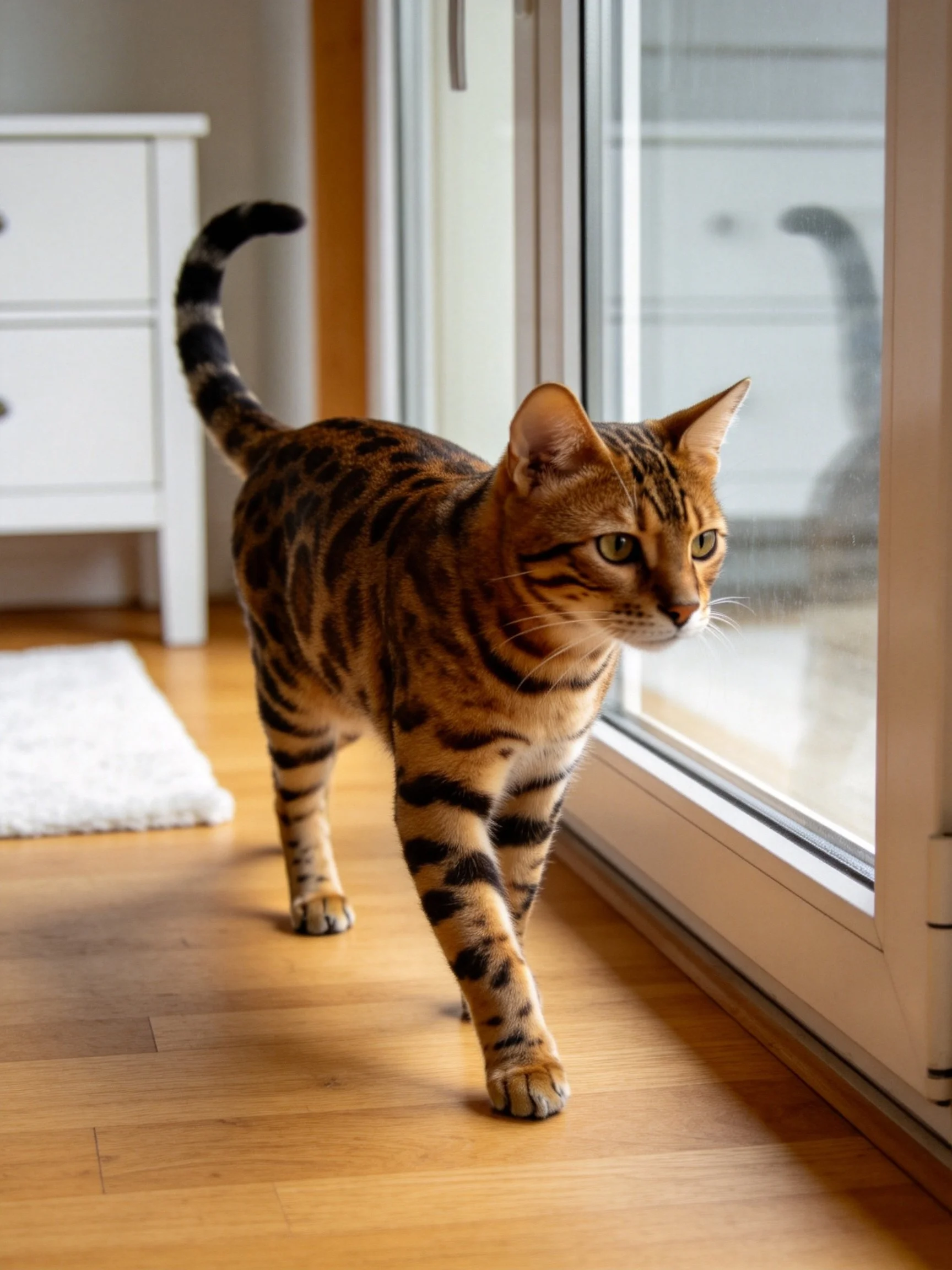 A Bengal cat with brown and black stripes walks near a glass sliding door indoors.