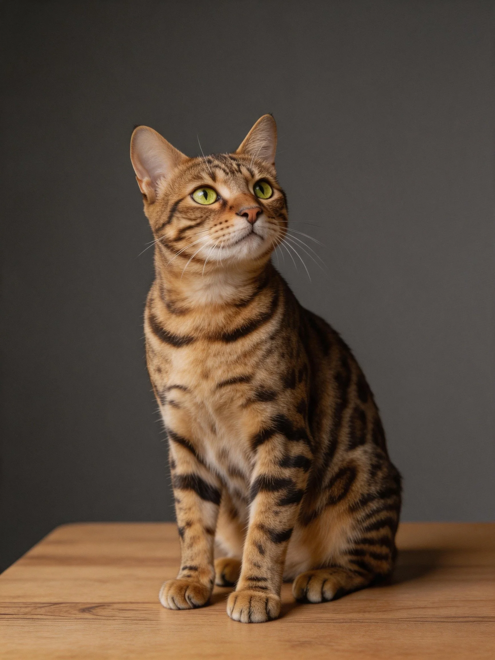 A Bengal cat with distinctive striped fur sits calmly on a wooden surface.