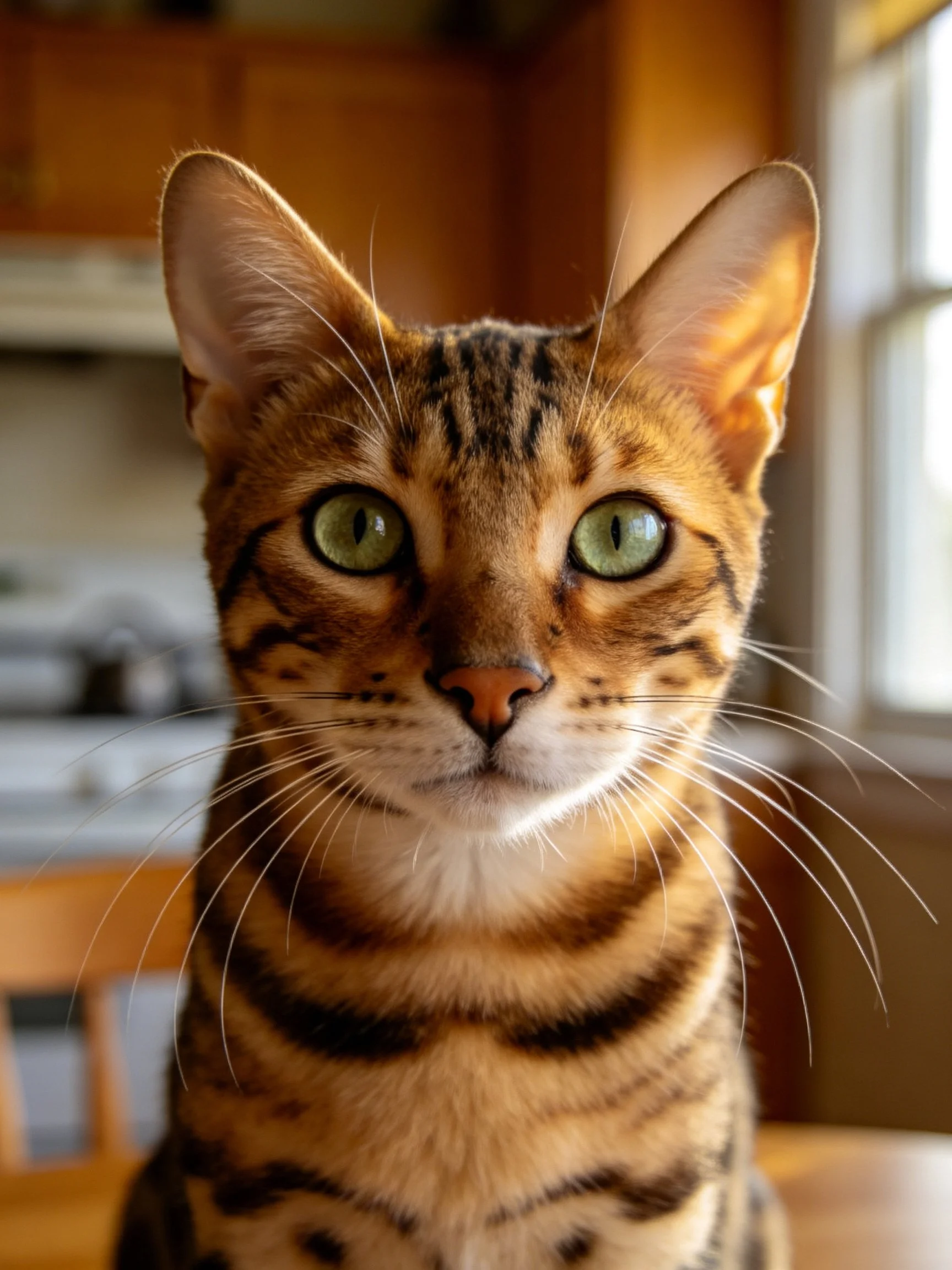 A Bengal cat with green eyes and brown - black striped fur indoors