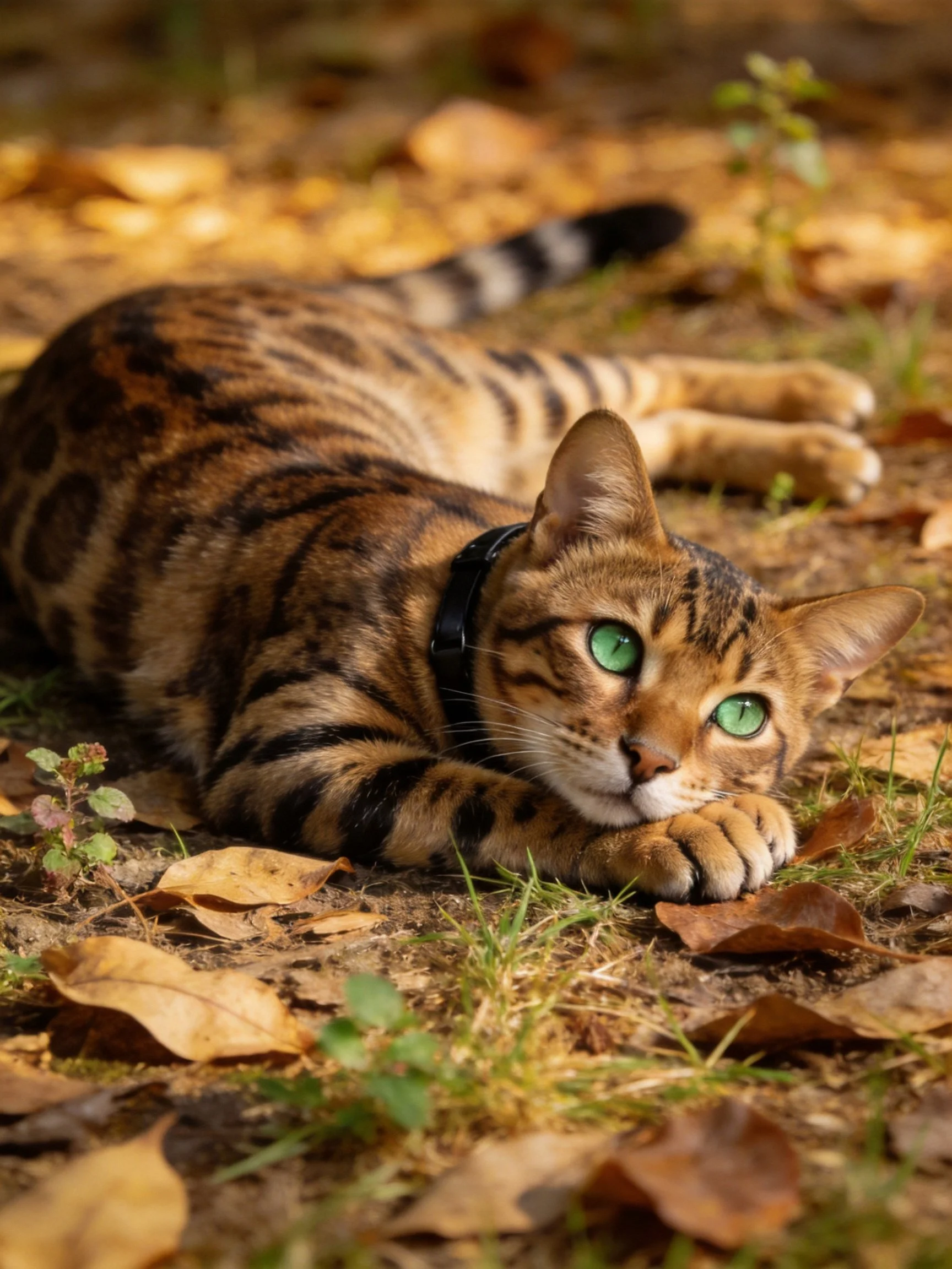 A Bengal cat with green eyes rests on autumn leaves