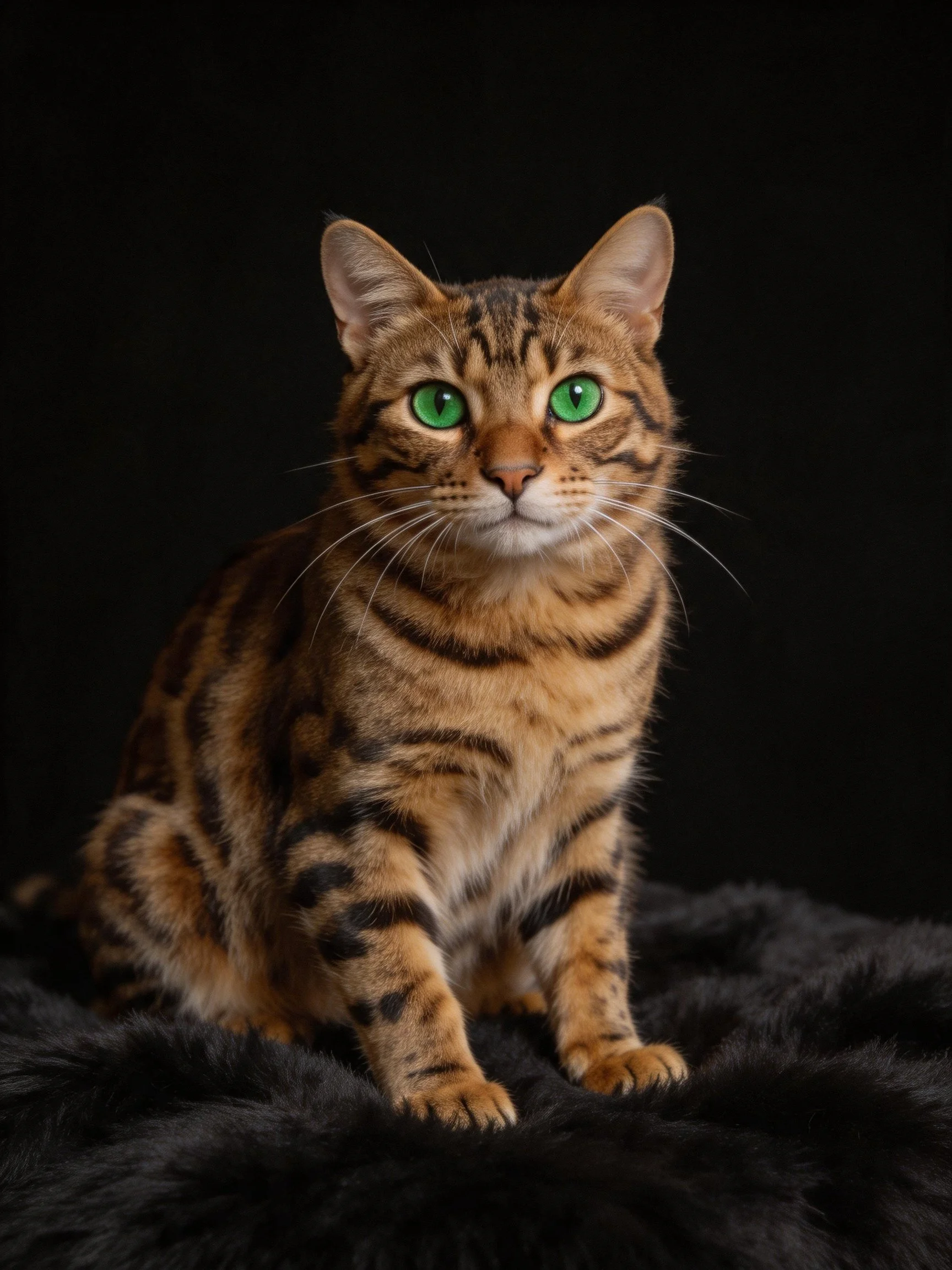 A Bengal cat with green eyes sits on a dark fur-covered surface