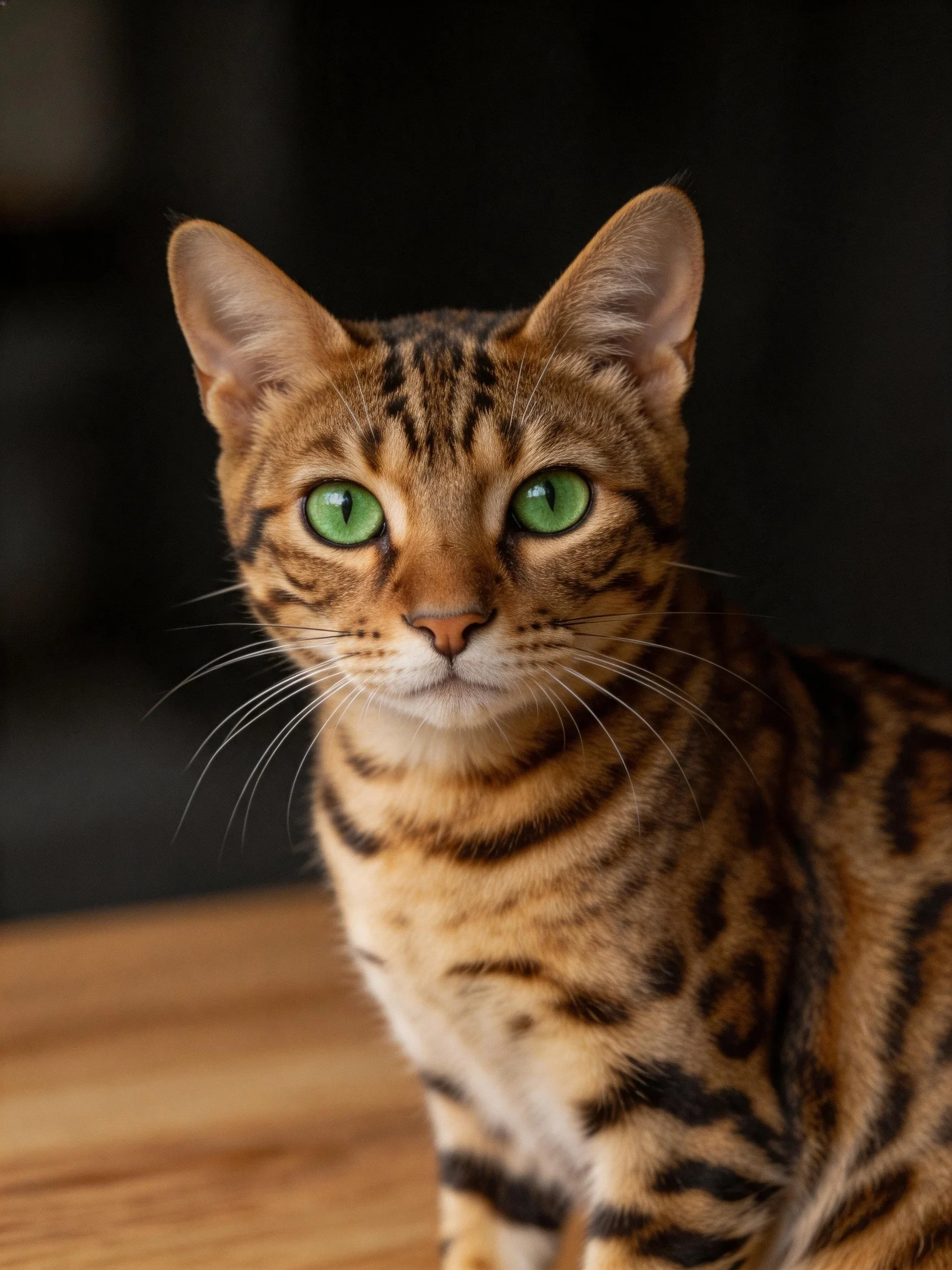 A Bengal cat with striking green eyes and brown-black striped fur