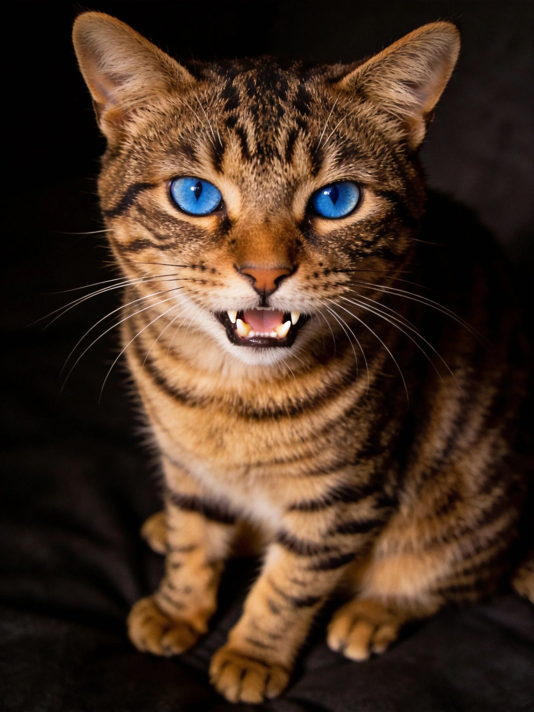 A Bengal cat with blue eyes shows its teeth in darkness.