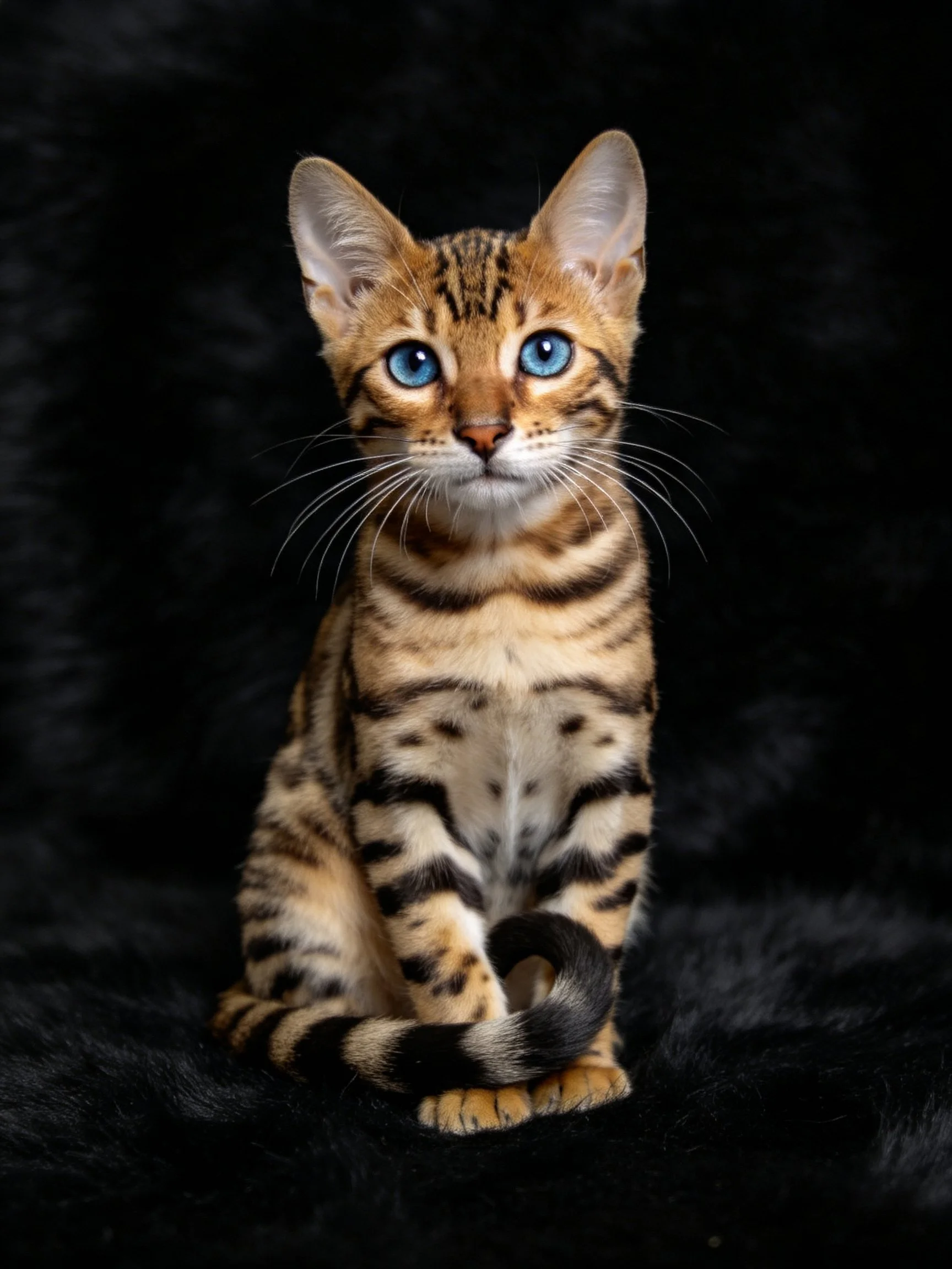 A Bengal kitten with bright blue eyes sits calmly against a dark surface.