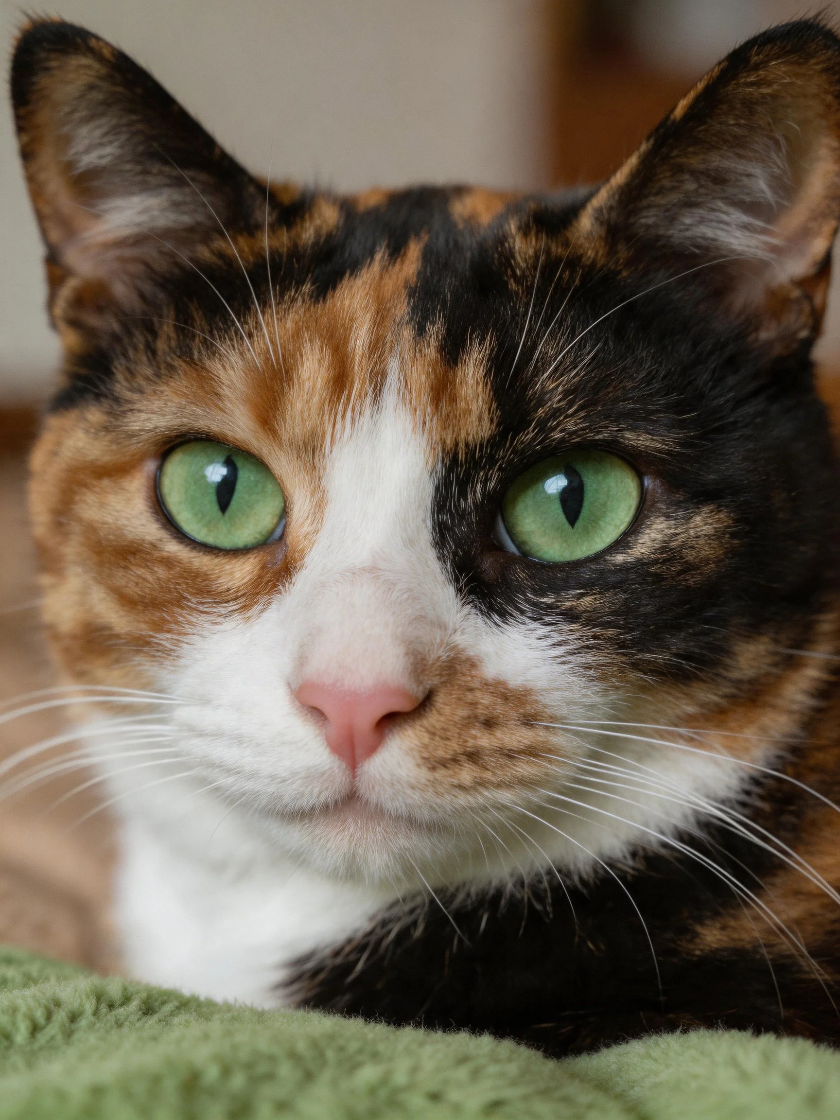 A Calico Cat with Green Eyes Resting on a Green Blanket