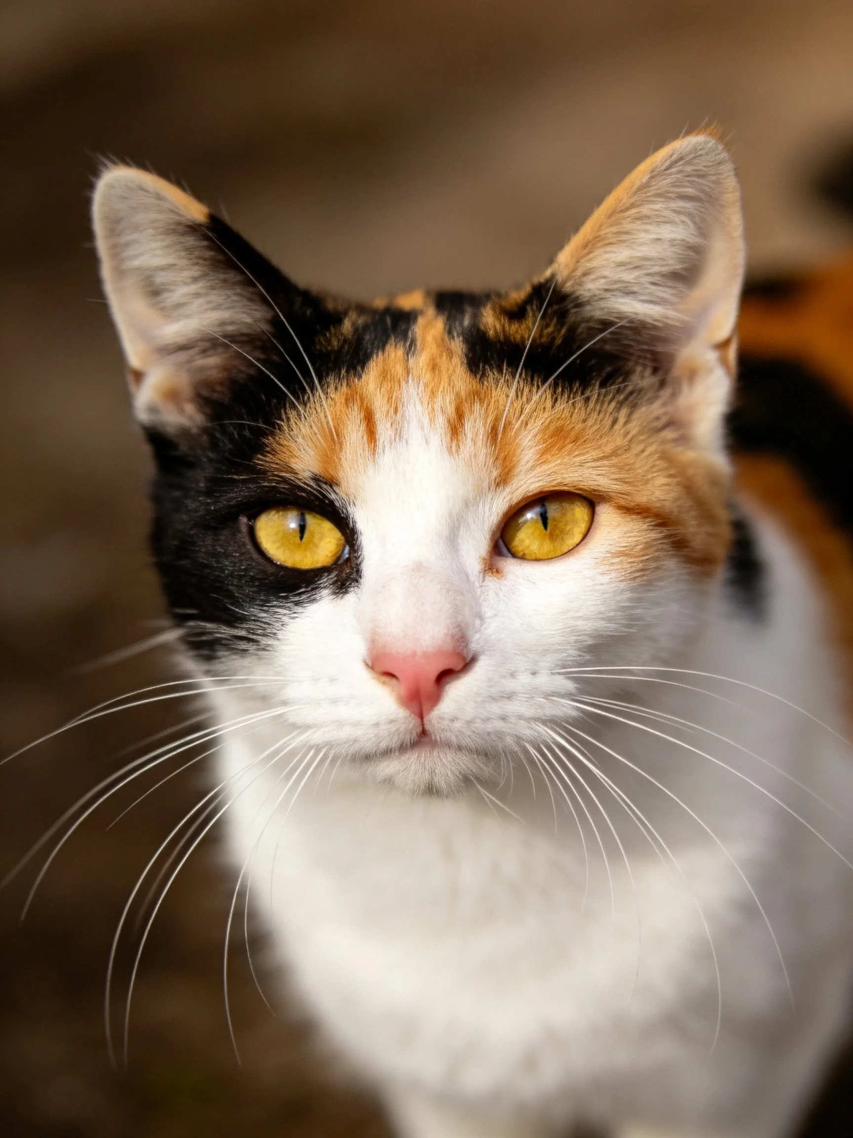 A close-up up view of a tri - colored calico cat with striking yellow eyes.