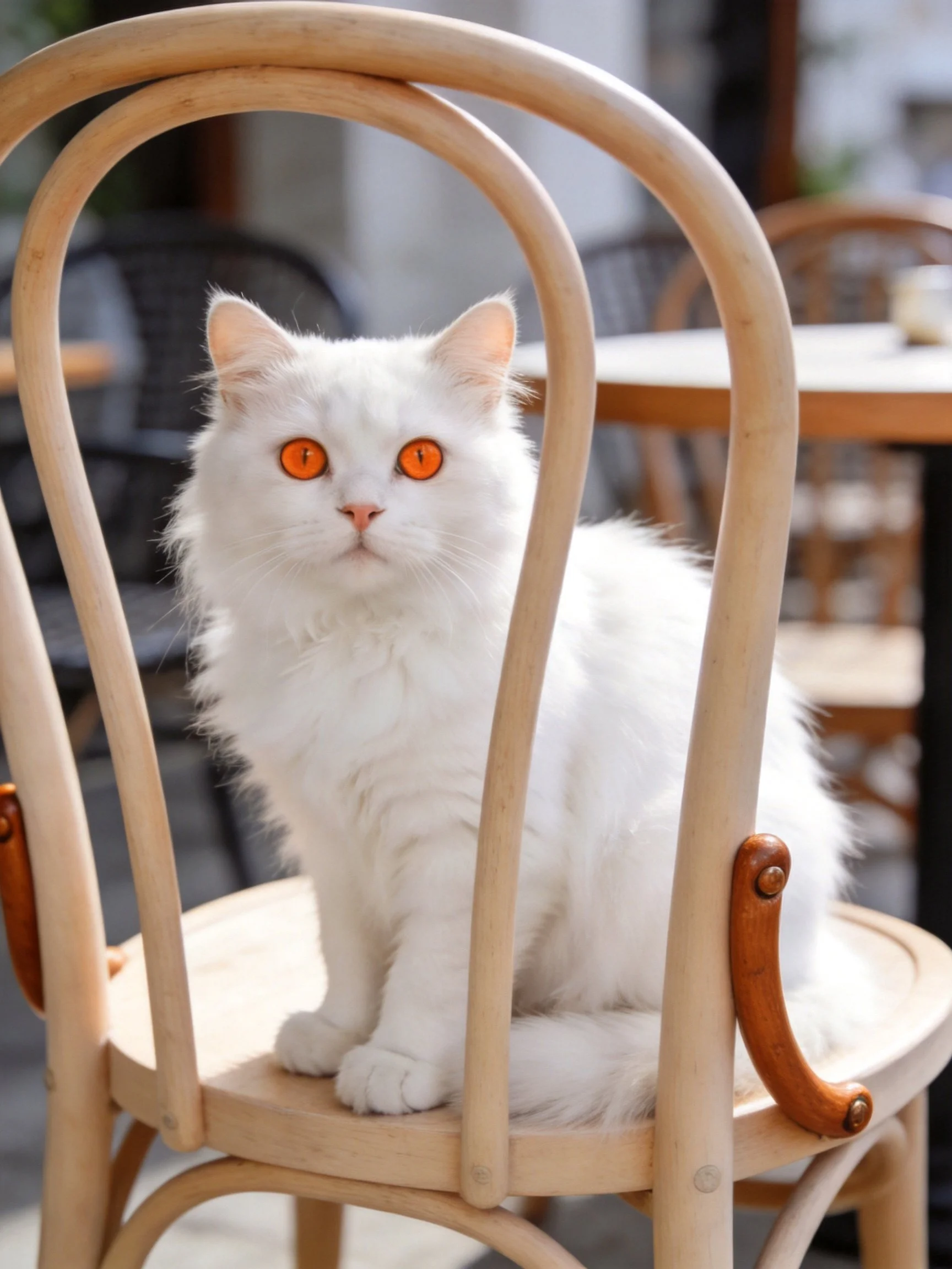A white cat with orange eyes sits on a wooden chair outdoors.