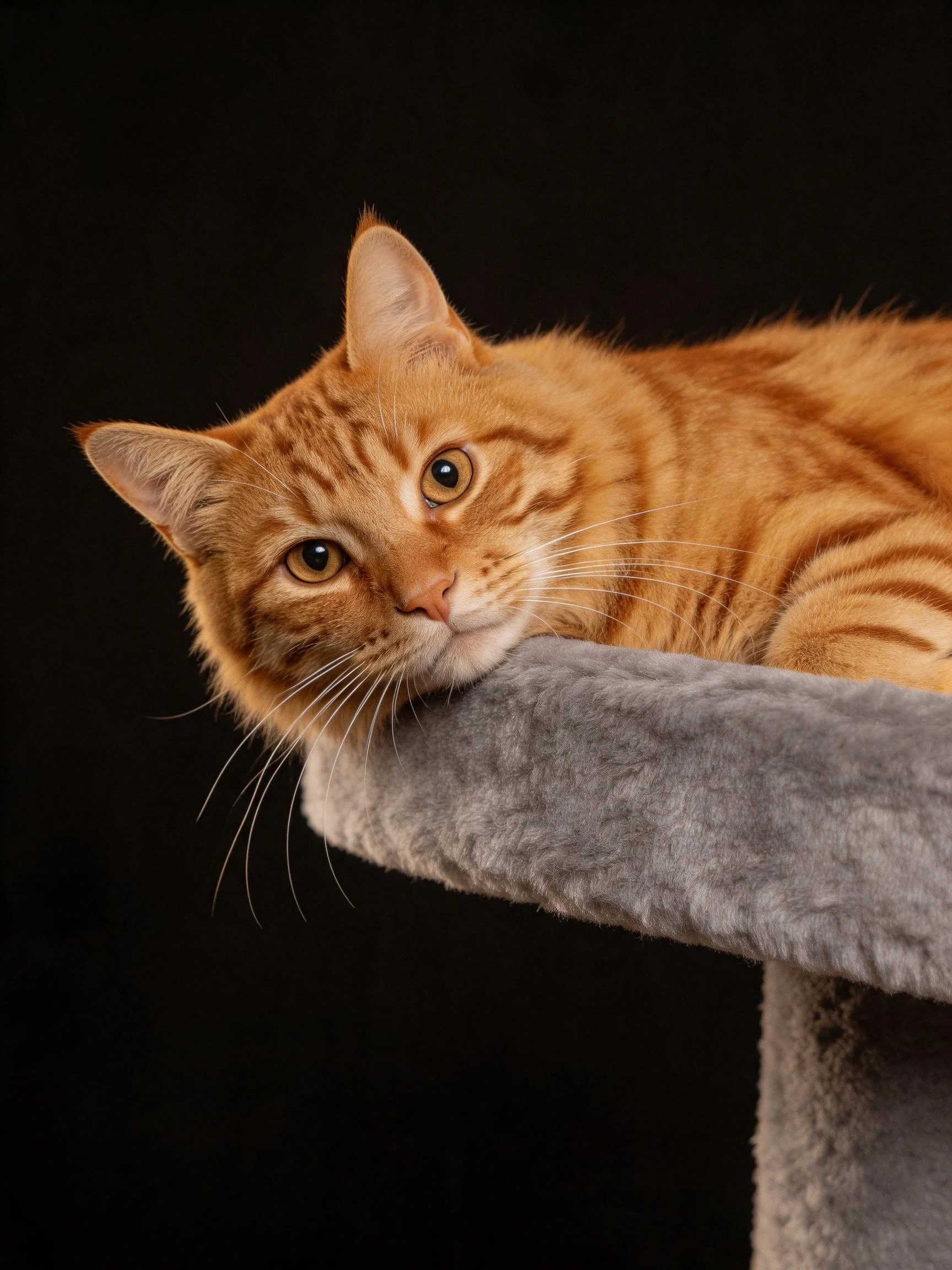 A Ginger Tabby Cat Rests on a Soft Gray Pet Platform