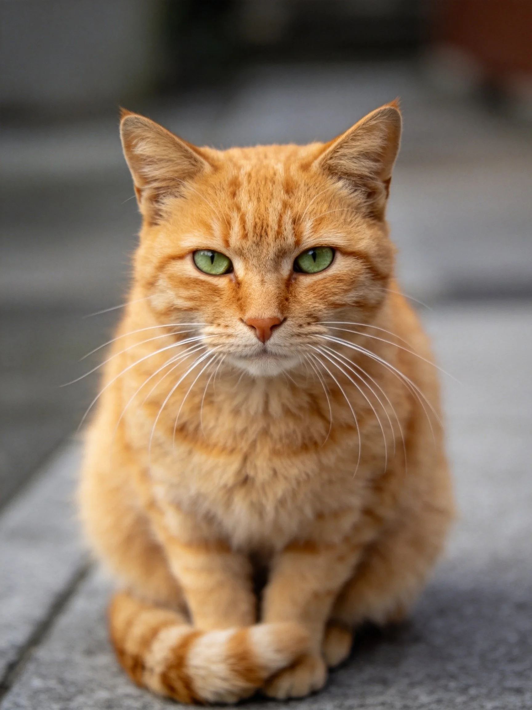 A Ginger Tabby Cat with Green Eyes Sitting on a Gray Pavement