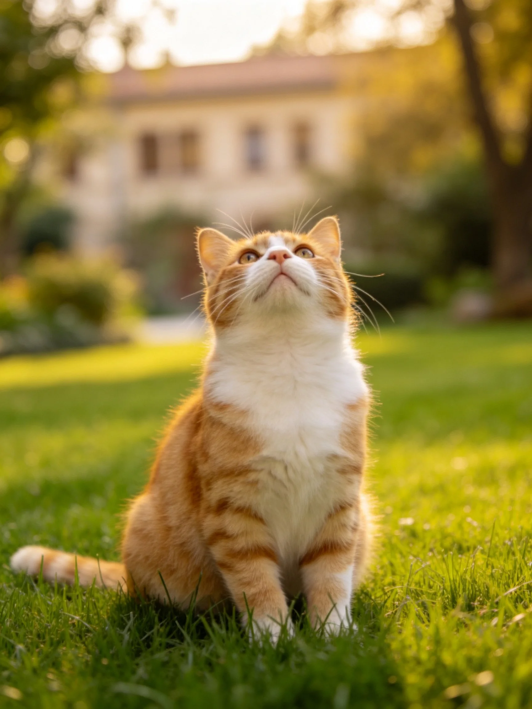 A Ginger and White Cat on Lush Green Grass